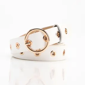 103cm Women's White Genuine Leather Retro Belt with Gold Metal Round Buckle