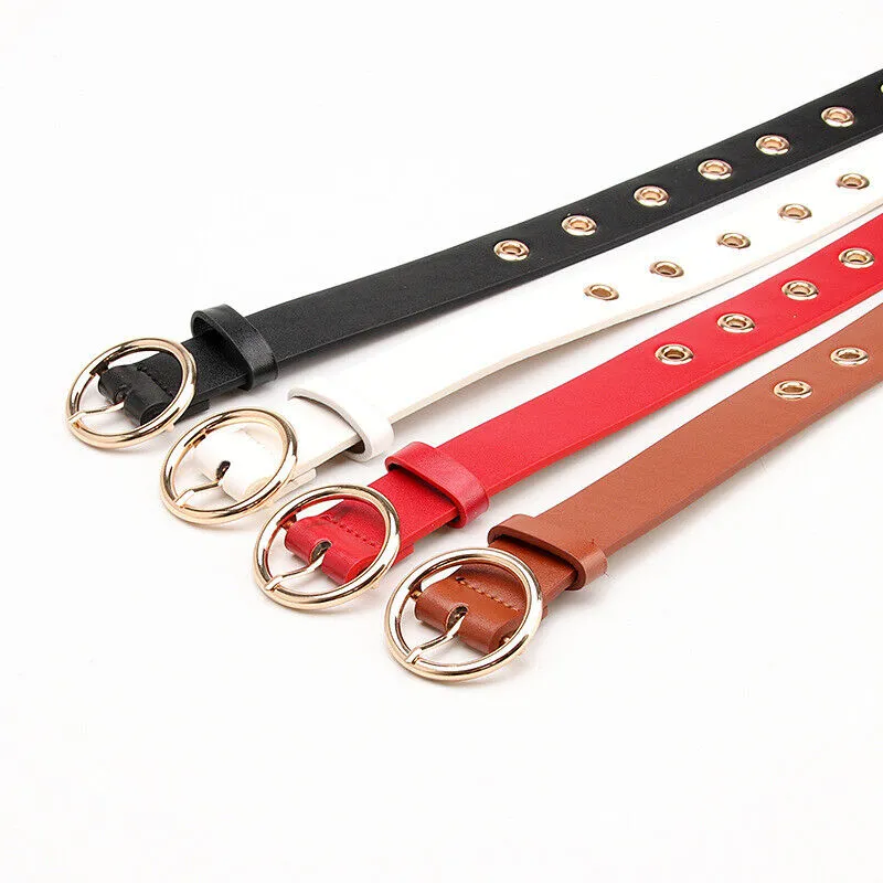 103cm Women's White Genuine Leather Retro Belt with Gold Metal Round Buckle