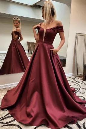 A Line Off The Shoulder Satin Prom Dress Cheap Simple Long Evening SWKP8SB1QJC
