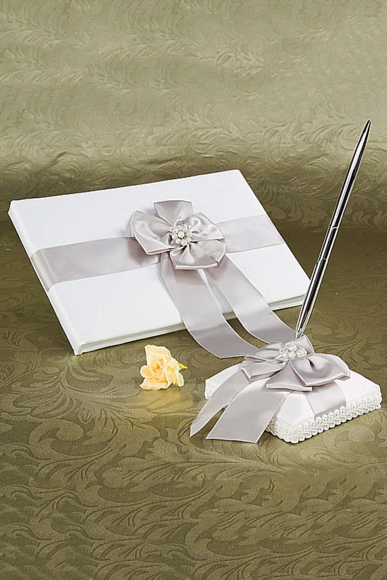 Beautiful Faux Pearl/Bow Guestbook & Pen Set