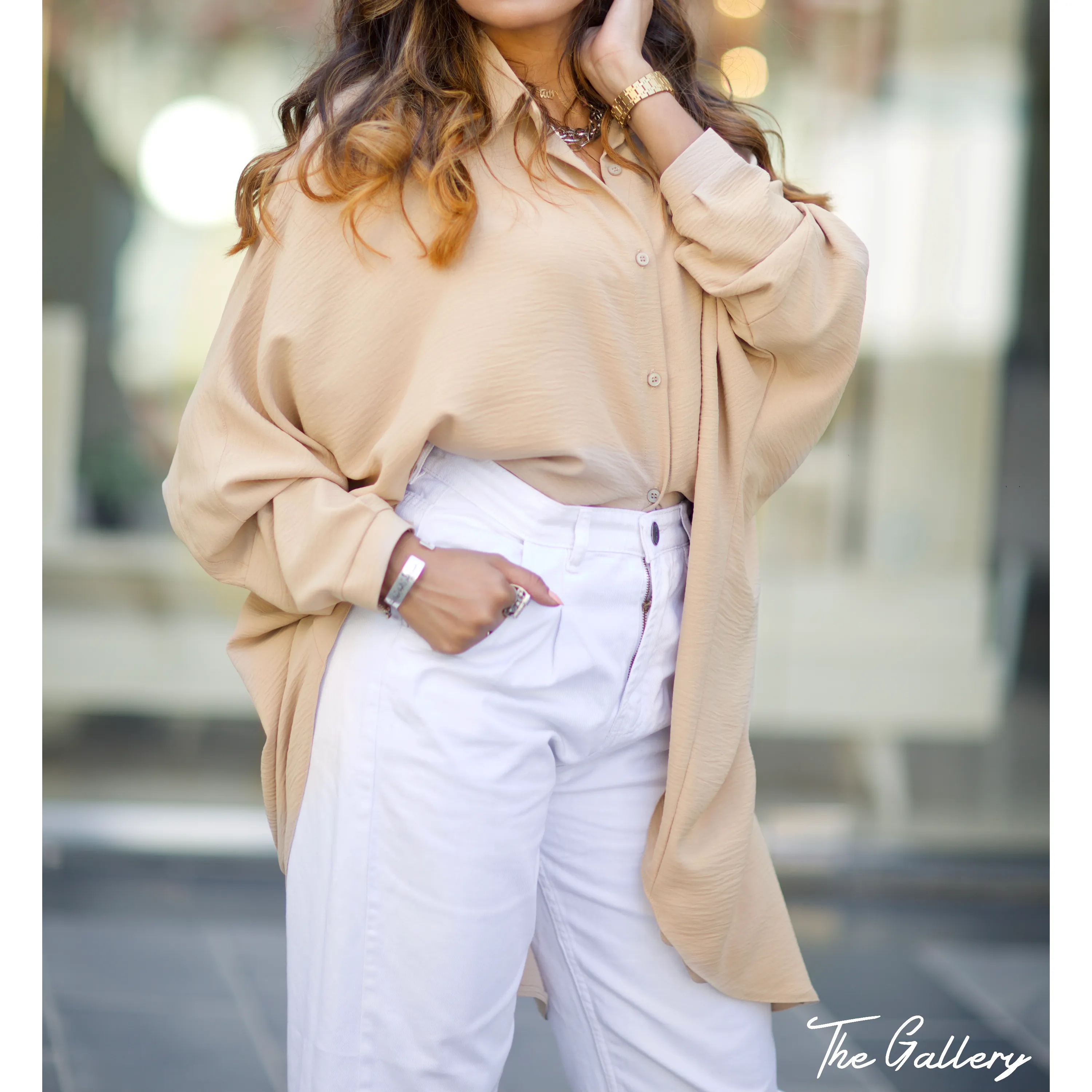 Beige high low oversized shirt