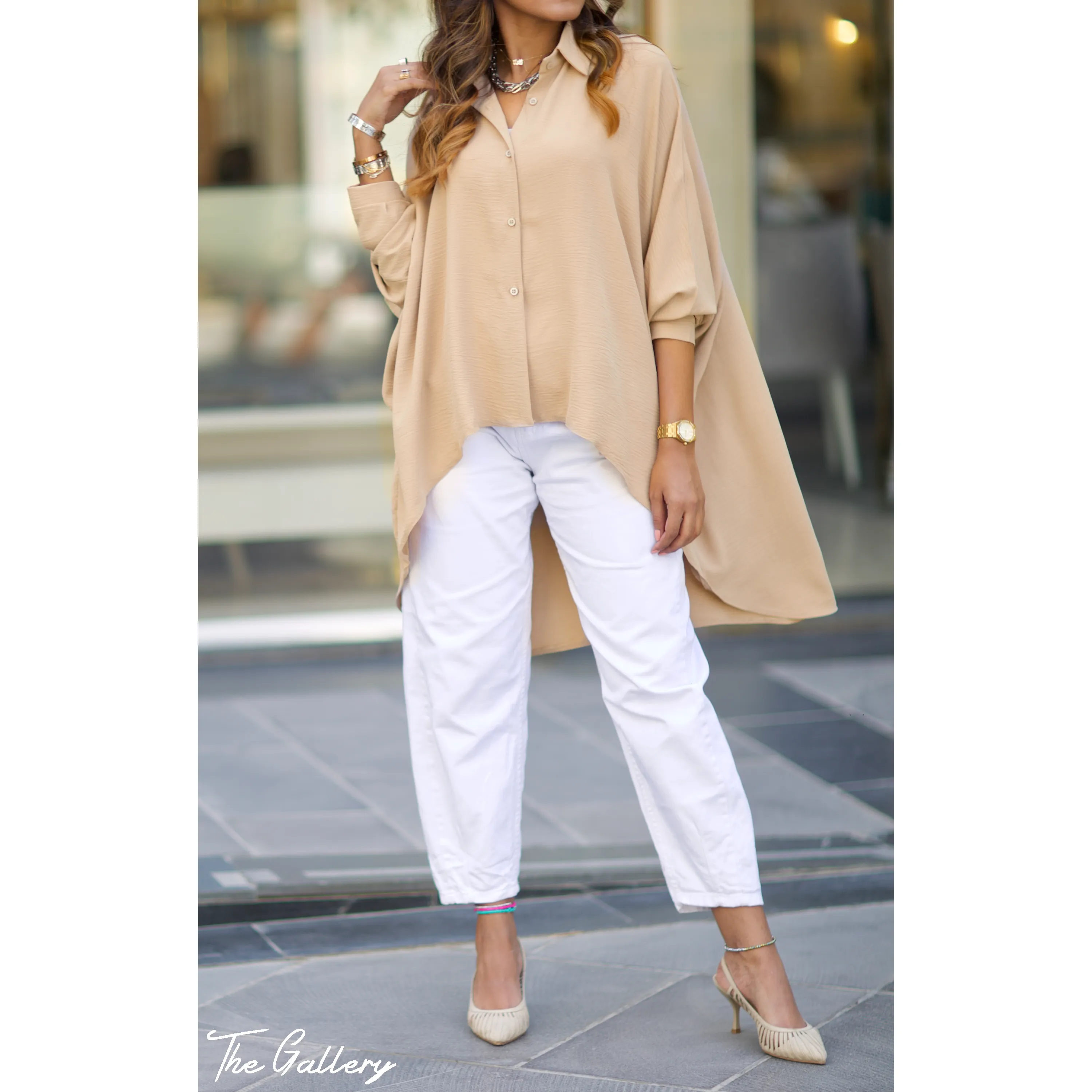 Beige high low oversized shirt