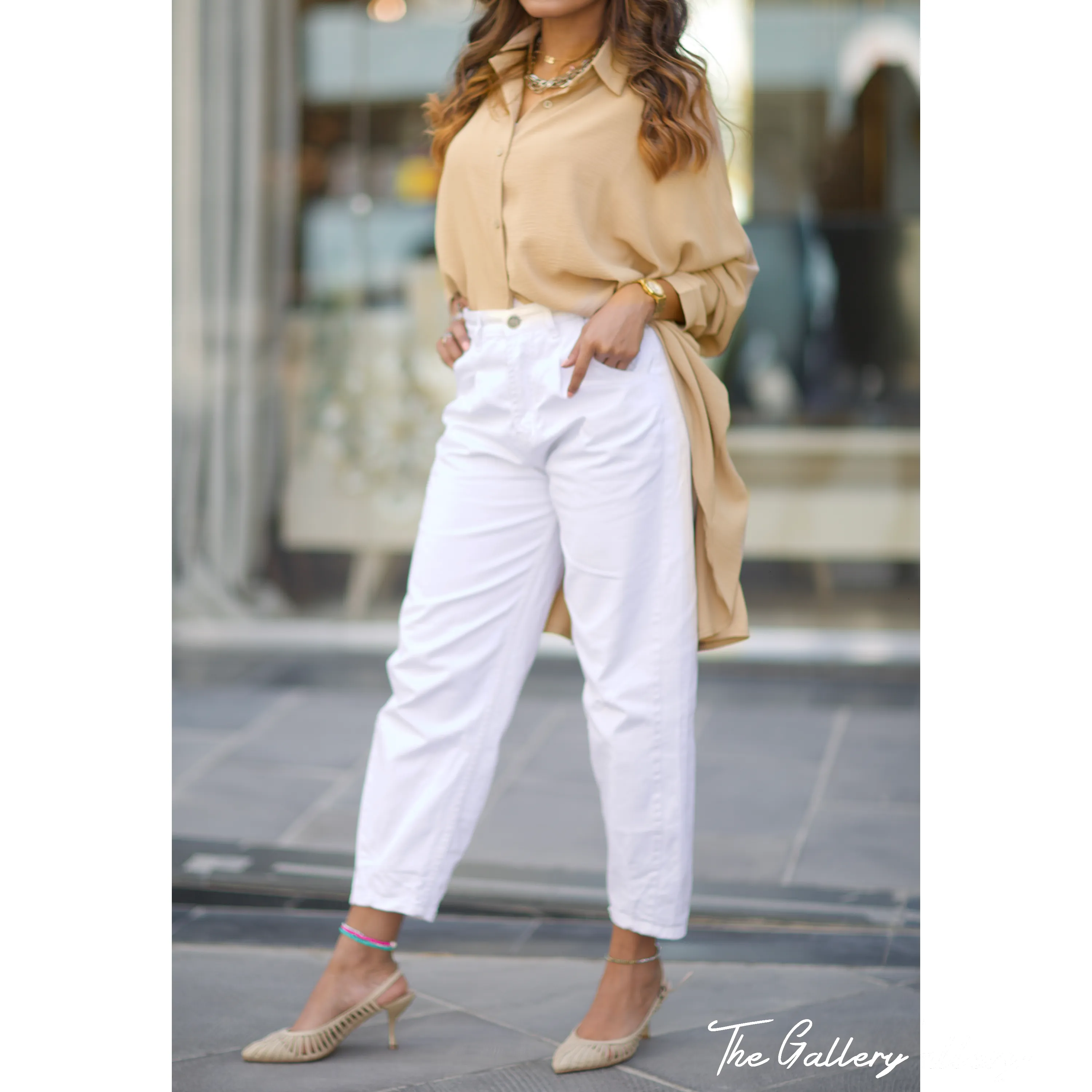Beige high low oversized shirt
