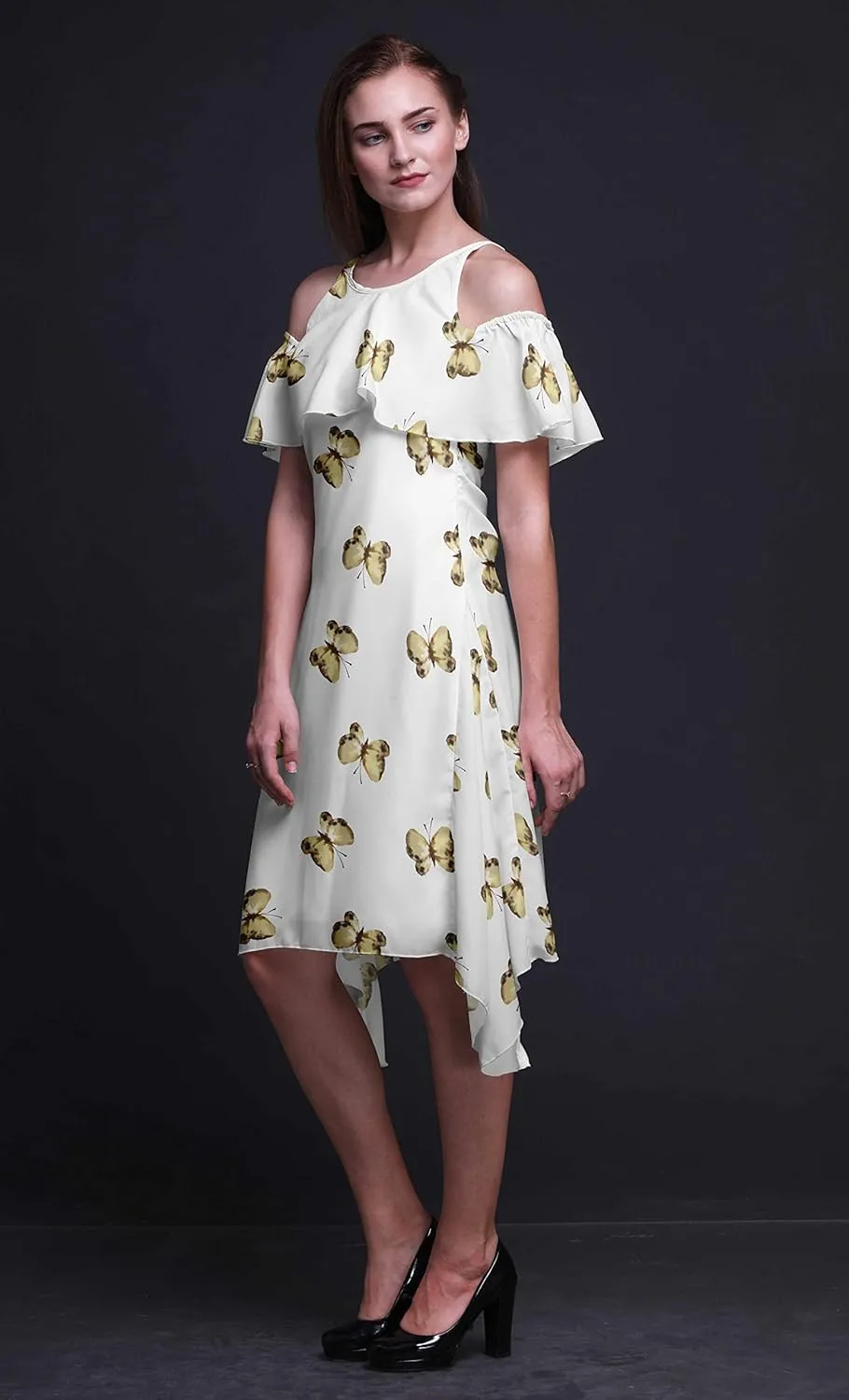 Bimba Butterfly Print Womens Chic Style Cold Shoulder Shift Dress Summer Tunic -Large