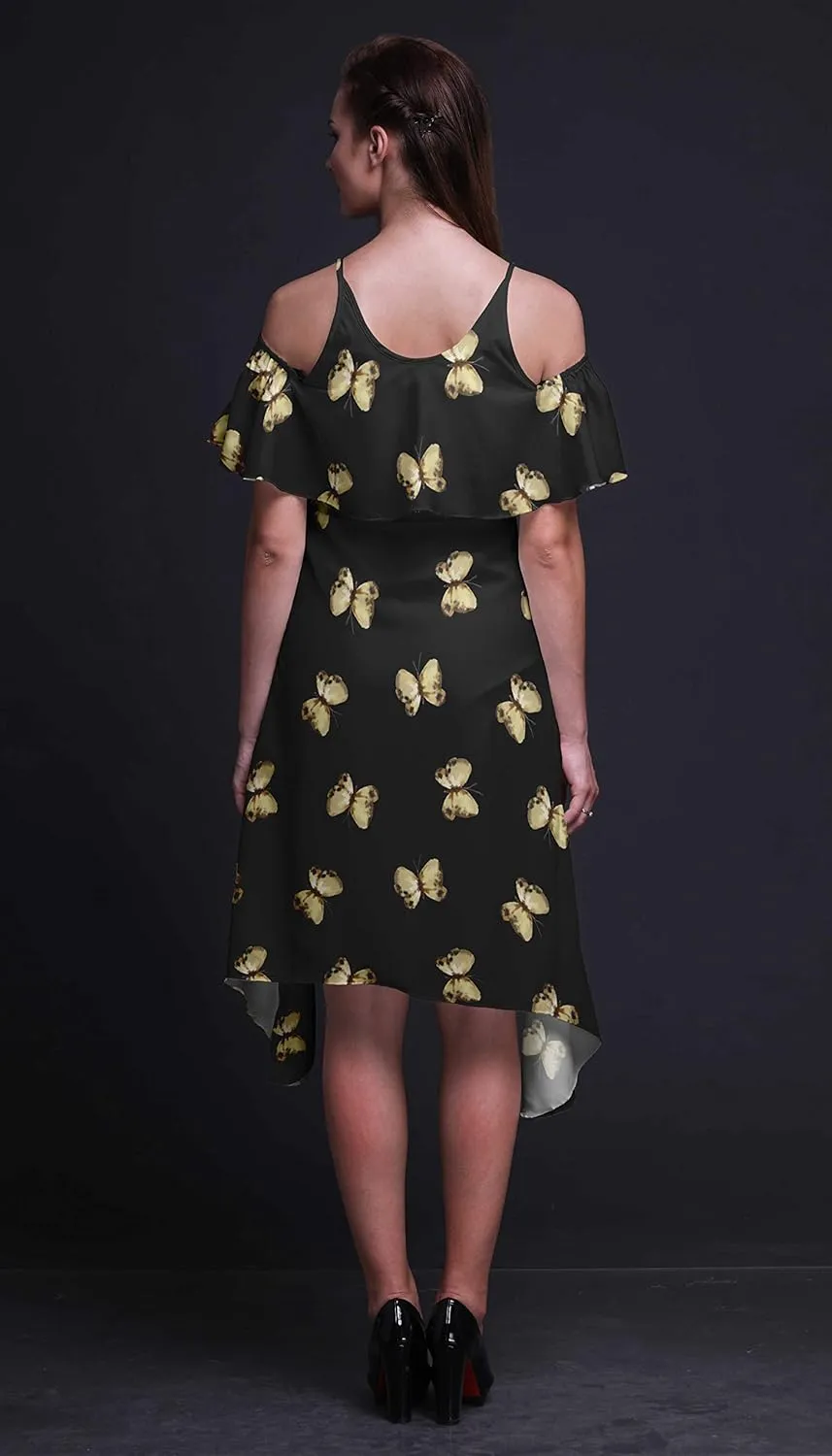 Bimba Butterfly Print Womens Chic Style Cold Shoulder Shift Dress Summer Tunic -Large