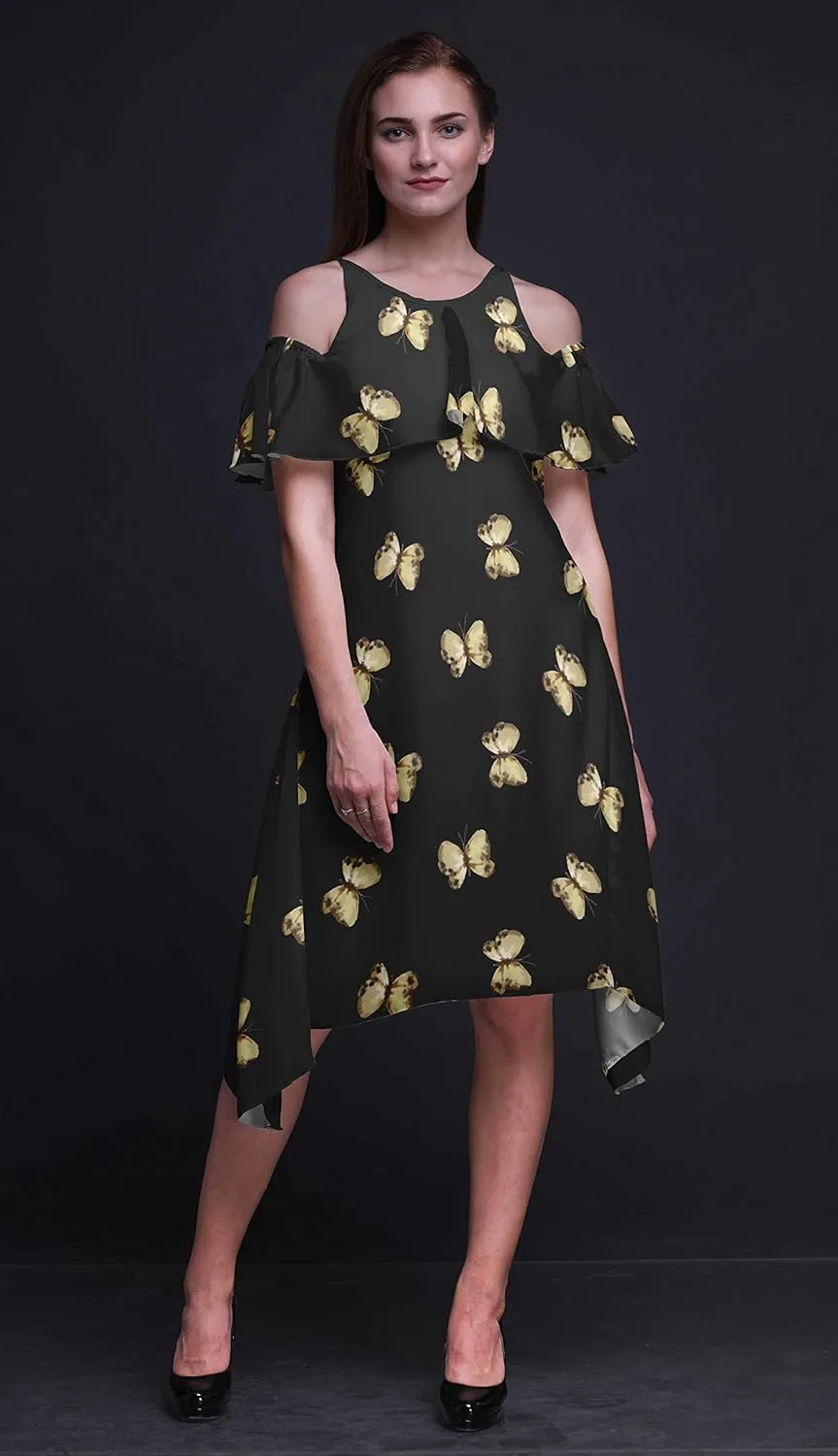 Bimba Butterfly Print Womens Chic Style Cold Shoulder Shift Dress Summer Tunic -Large