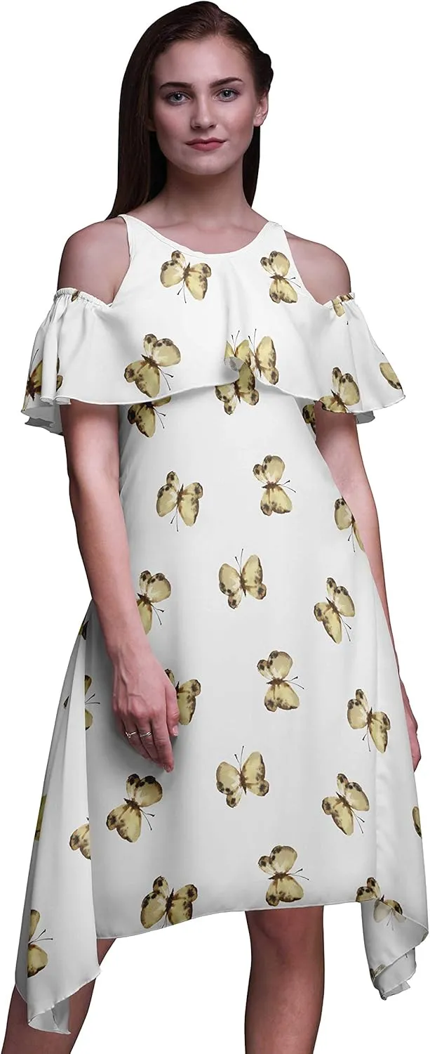 Bimba Butterfly Print Womens Chic Style Cold Shoulder Shift Dress Summer Tunic -Large