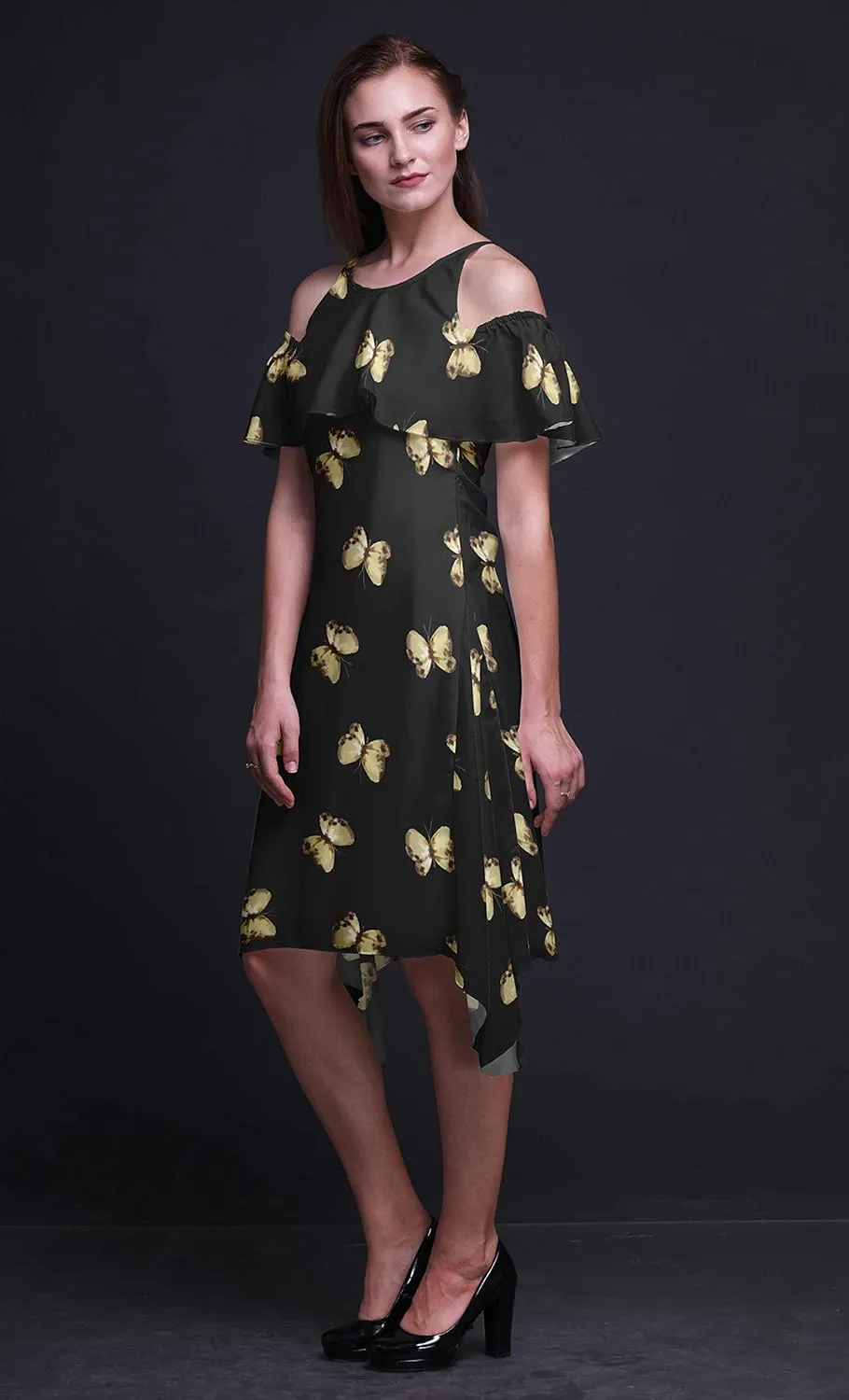 Bimba Butterfly Print Womens Chic Style Cold Shoulder Shift Dress Summer Tunic -Large