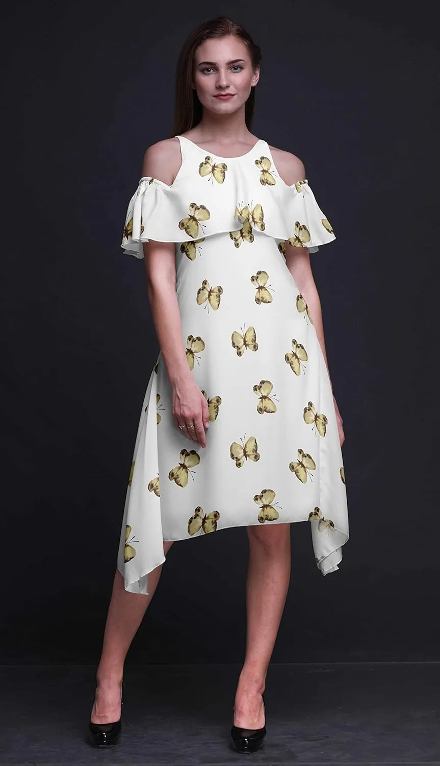 Bimba Butterfly Print Womens Chic Style Cold Shoulder Shift Dress Summer Tunic -Large