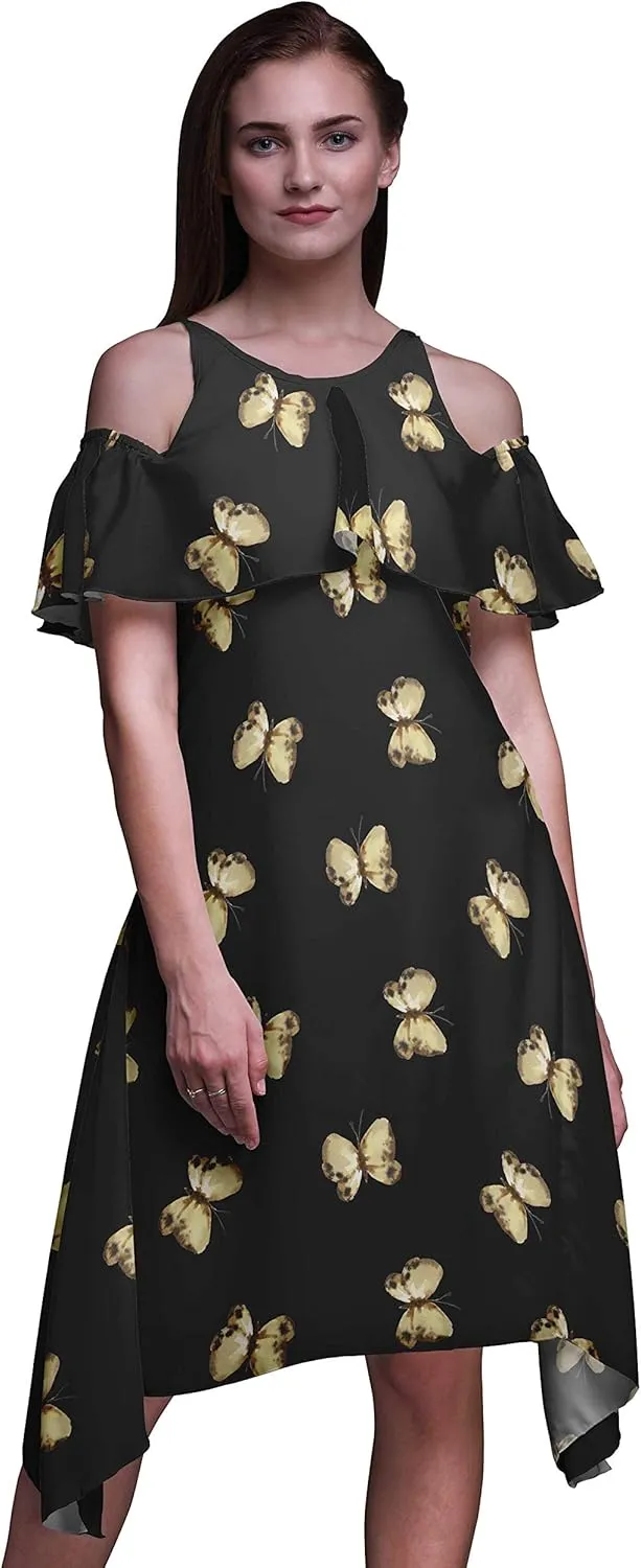 Bimba Butterfly Print Womens Chic Style Cold Shoulder Shift Dress Summer Tunic -Large