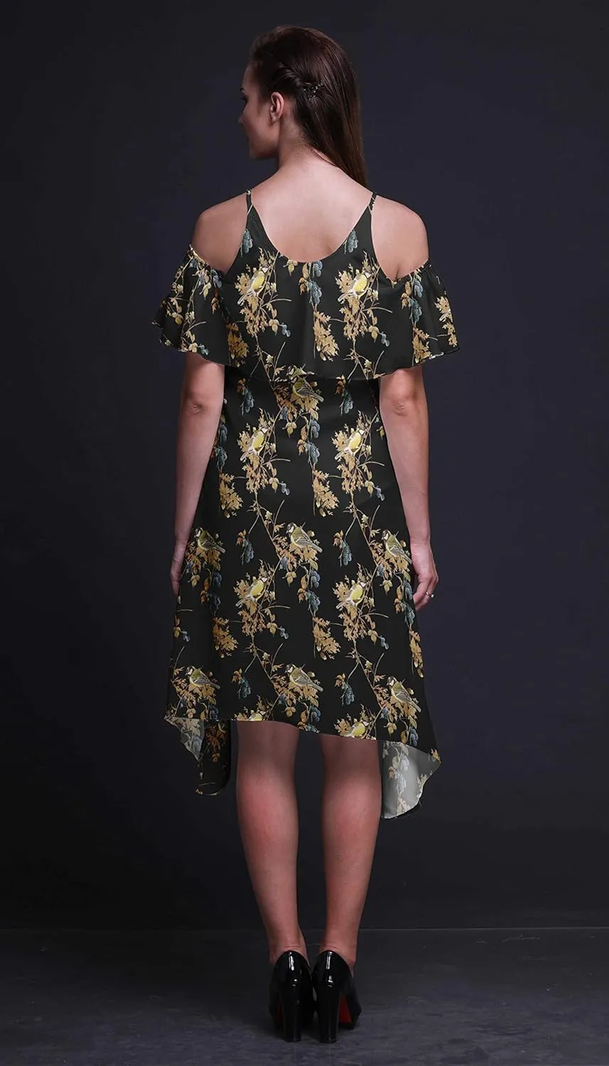 Bimba Moss Georgette Printed Womens Chic Style Cold Shoulder Tunic Party Round Neck Shift Dress