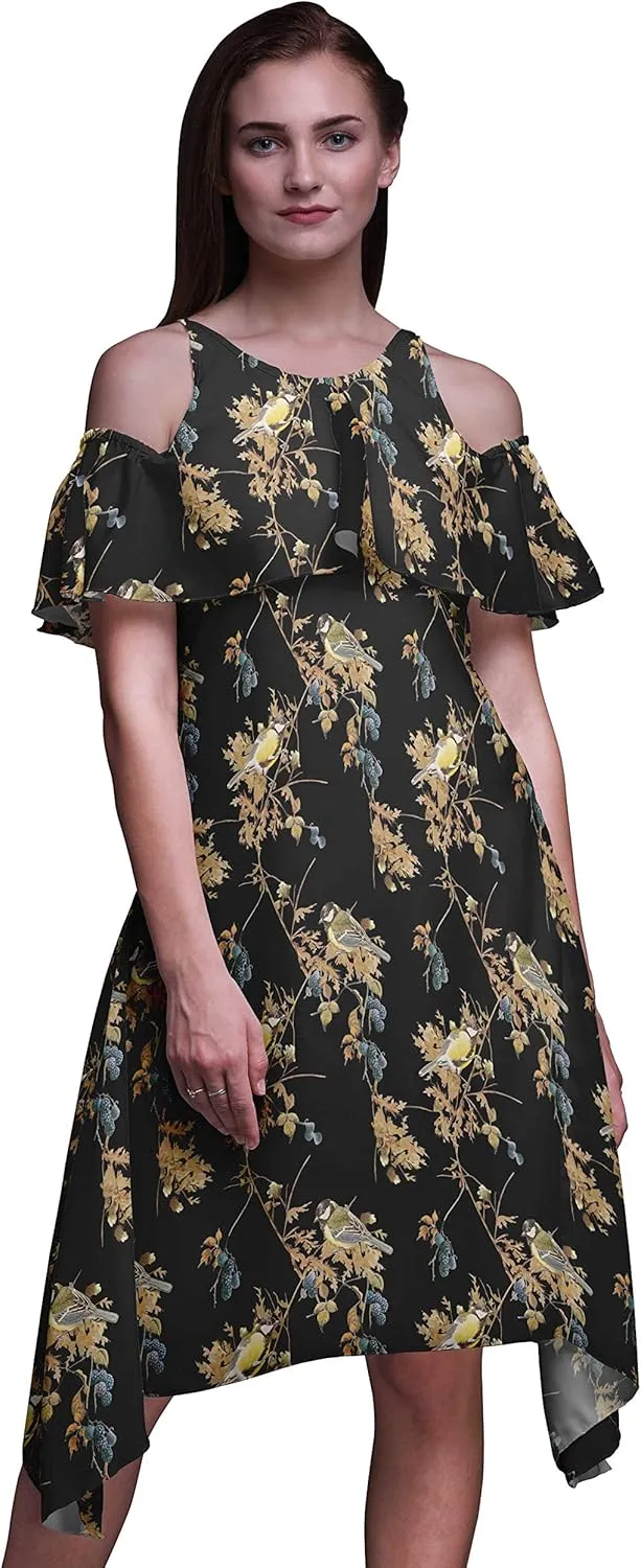 Bimba Moss Georgette Printed Womens Chic Style Cold Shoulder Tunic Party Round Neck Shift Dress