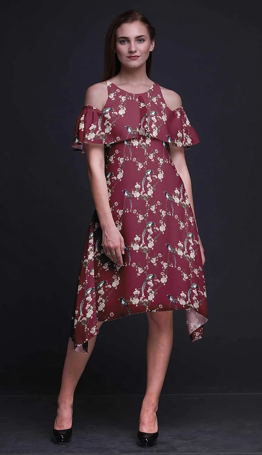 Bimba Moss Georgette Printed Womens Chic Style Cold Shoulder Tunic Party Round Neck Shift Dress