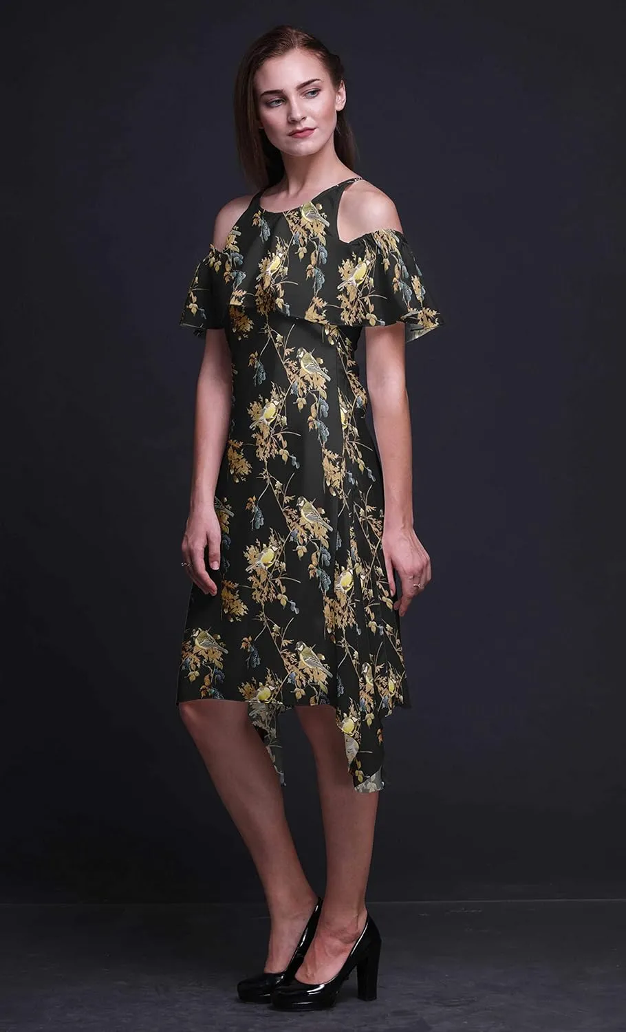 Bimba Moss Georgette Printed Womens Chic Style Cold Shoulder Tunic Party Round Neck Shift Dress