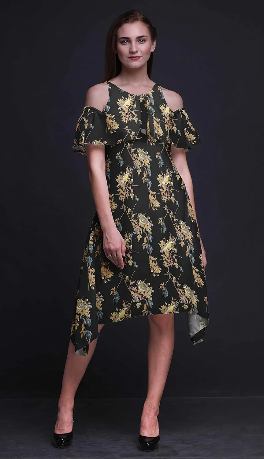 Bimba Moss Georgette Printed Womens Chic Style Cold Shoulder Tunic Party Round Neck Shift Dress