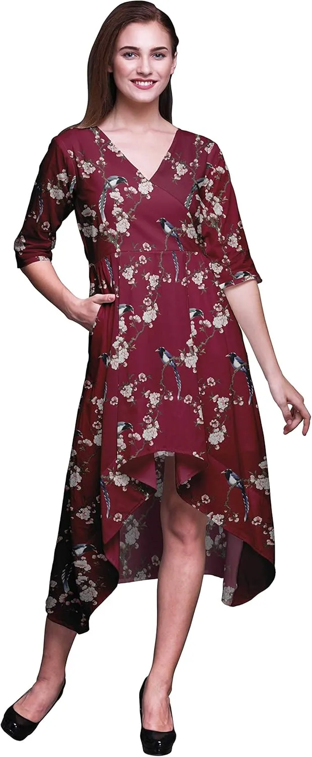 Bimba Moss Georgette Printed Womens Chic Style Cold Shoulder Tunic Party Round Neck Shift Dress