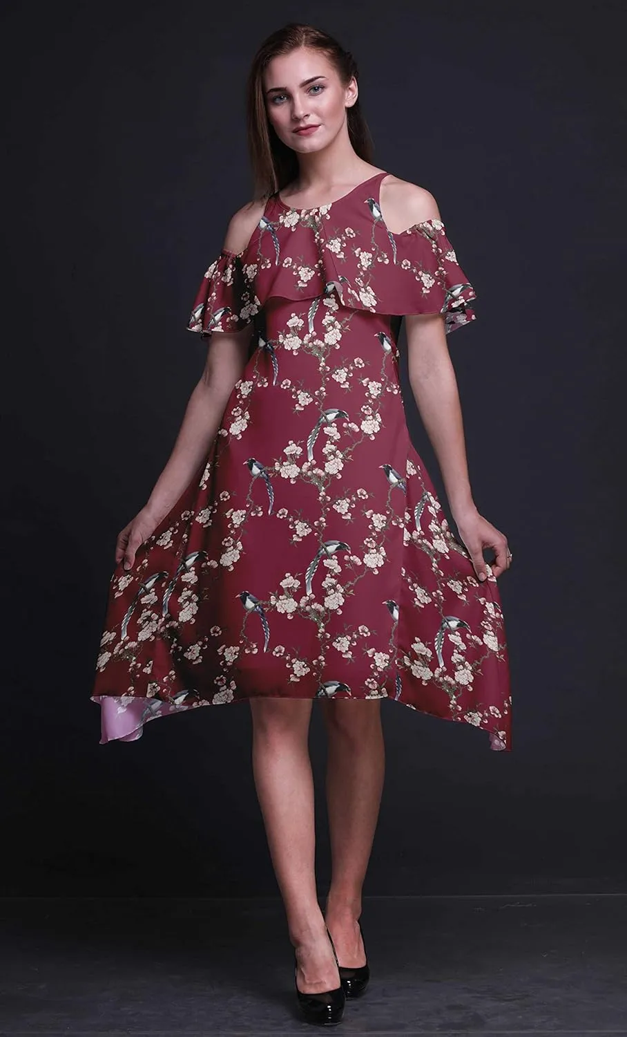 Bimba Moss Georgette Printed Womens Chic Style Cold Shoulder Tunic Party Round Neck Shift Dress