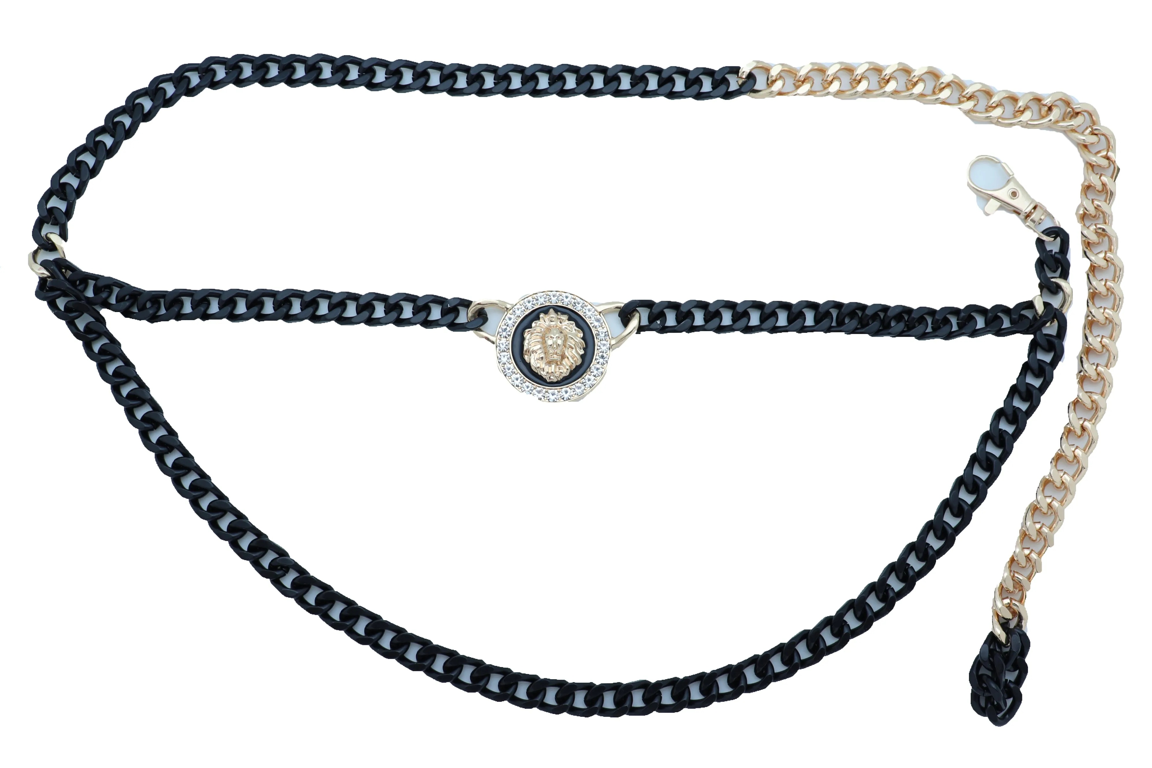 Black Metal Wave Chain Belt With Rhinestone Lion Medallion
