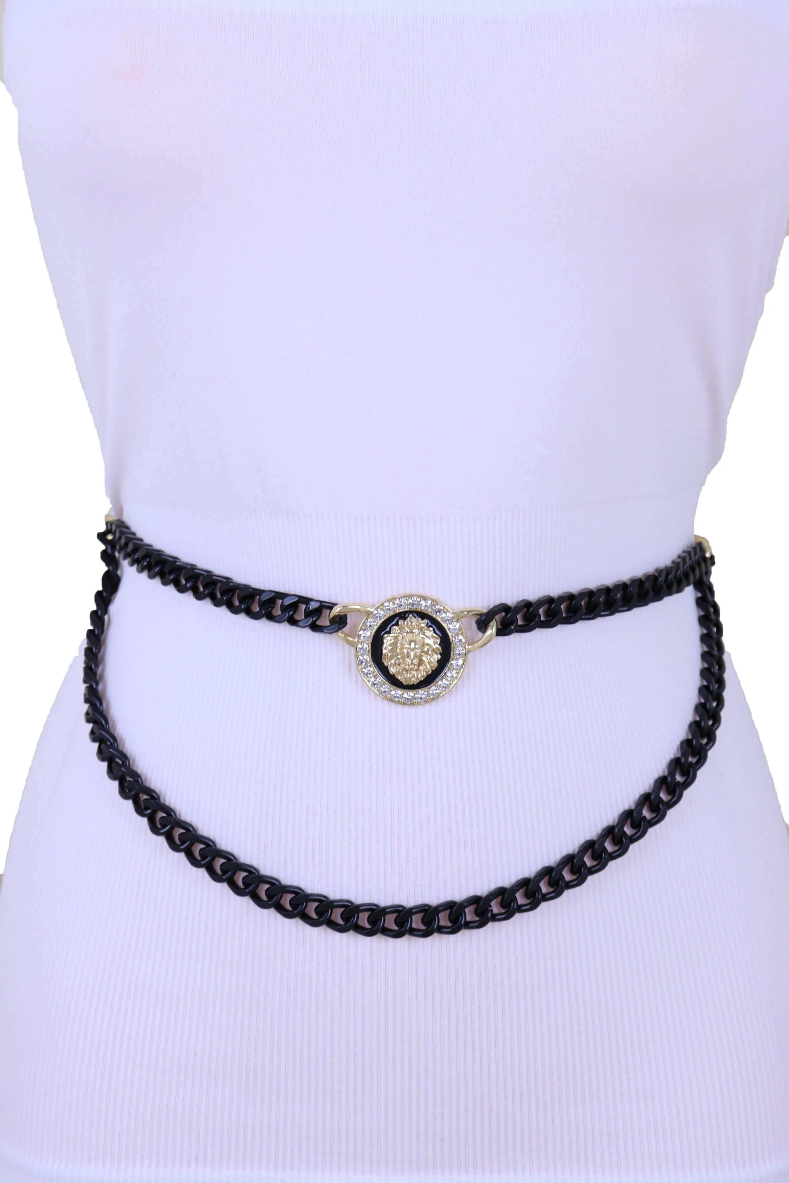 Black Metal Wave Chain Belt With Rhinestone Lion Medallion