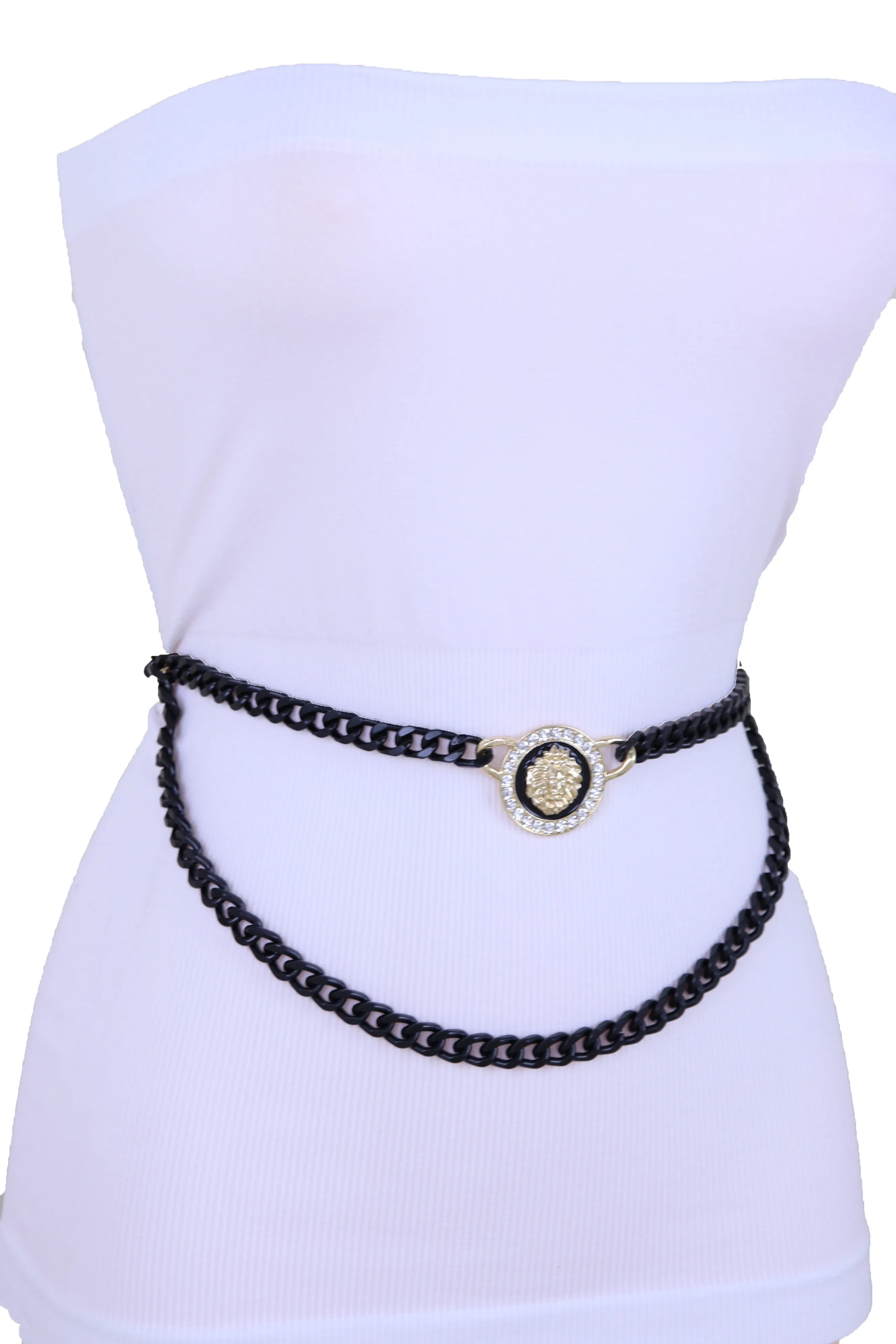 Black Metal Wave Chain Belt With Rhinestone Lion Medallion