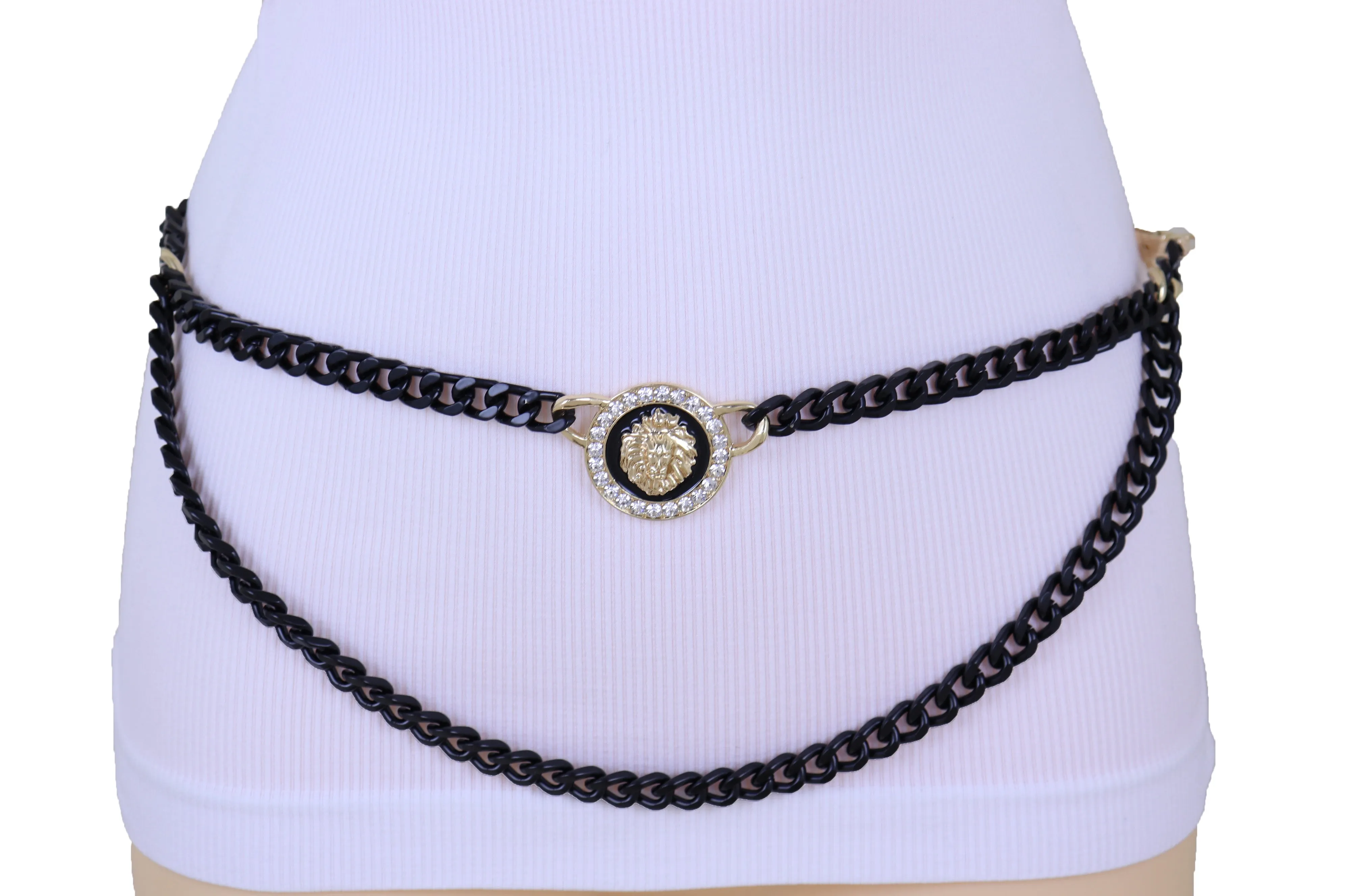 Black Metal Wave Chain Belt With Rhinestone Lion Medallion