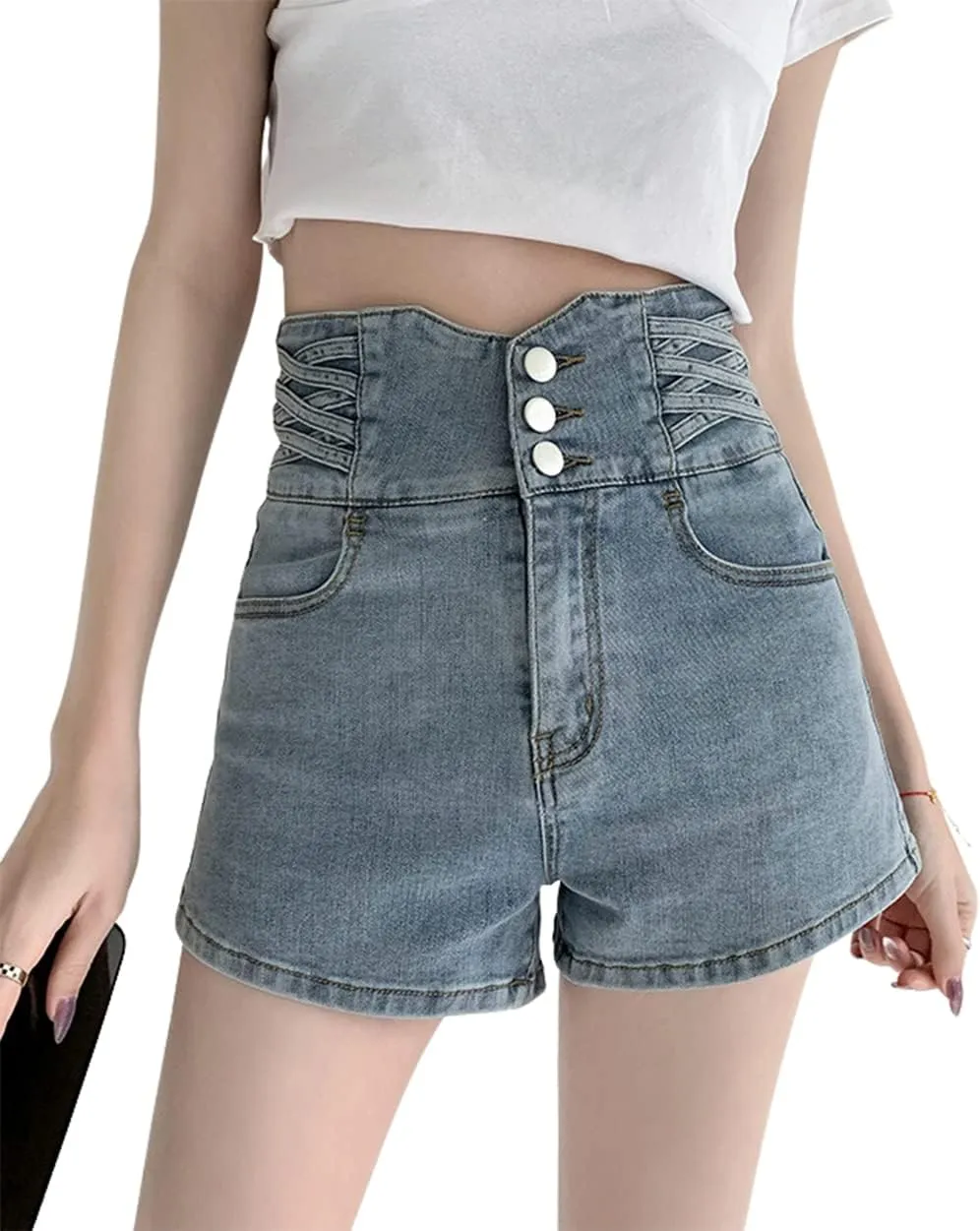 CHARTOU Women's High Waisted Button Front Wide Leg Stretchy Sexy Short Denim Jean Shorts