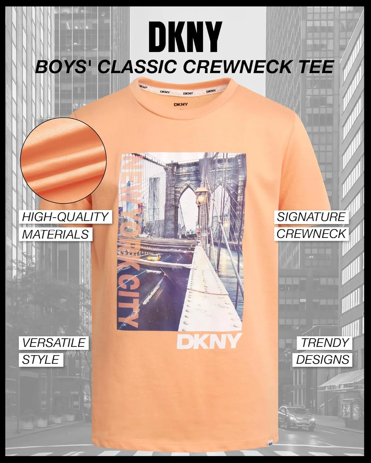 DKNY Boys' Graphic Tee - Soft and Breathable Classic Crewneck Short Sleeve Pullover T-Shirt for Boys (Sizes: 8-20)