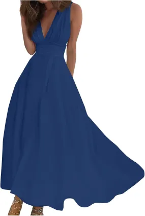 Dresses for Women 2024 Flowy Ruched Wrap V Neck Boho Dress Floral Print Sleeveless Maxi Dress Flowy Beach Dresses