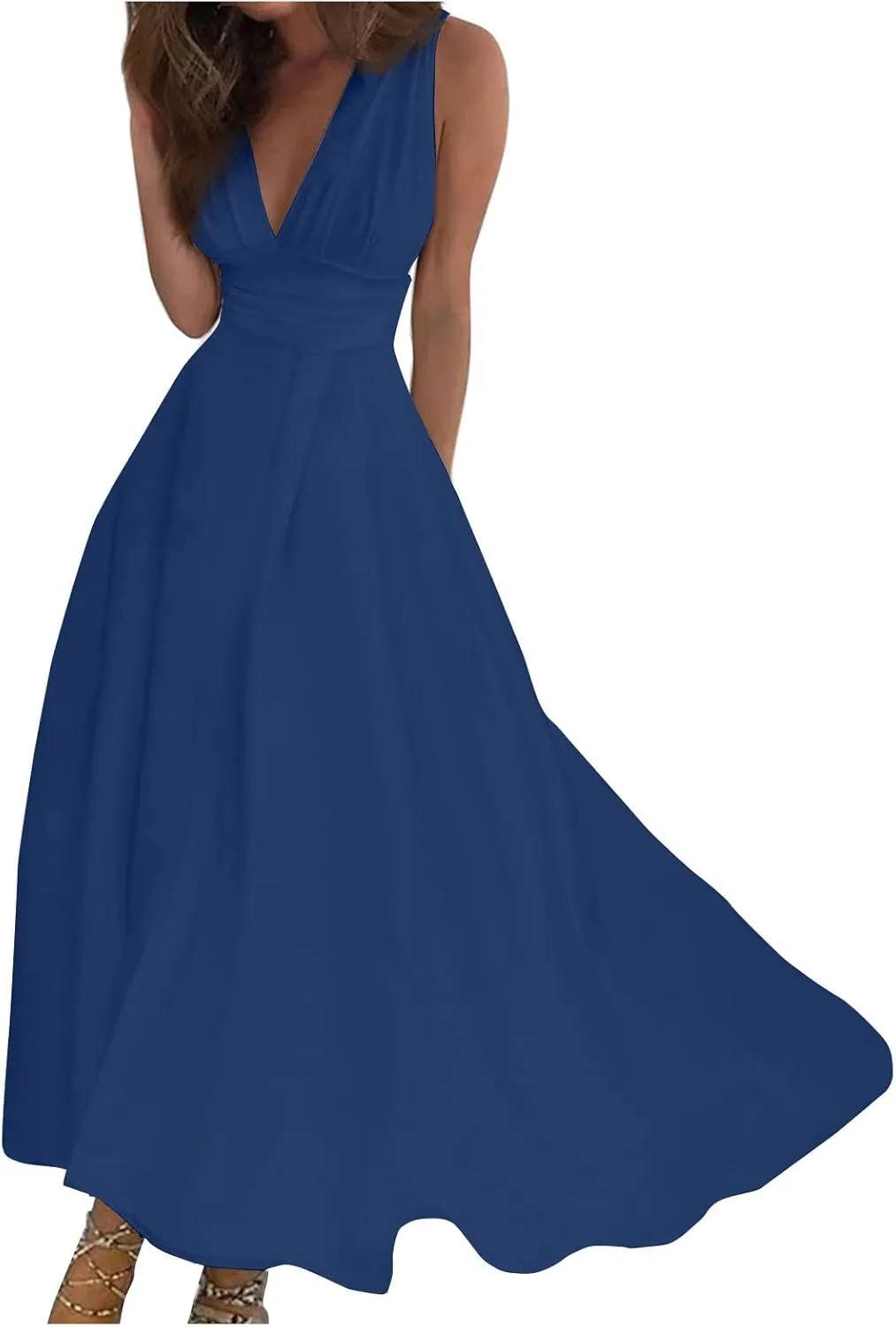 Dresses for Women 2024 Flowy Ruched Wrap V Neck Boho Dress Floral Print Sleeveless Maxi Dress Flowy Beach Dresses