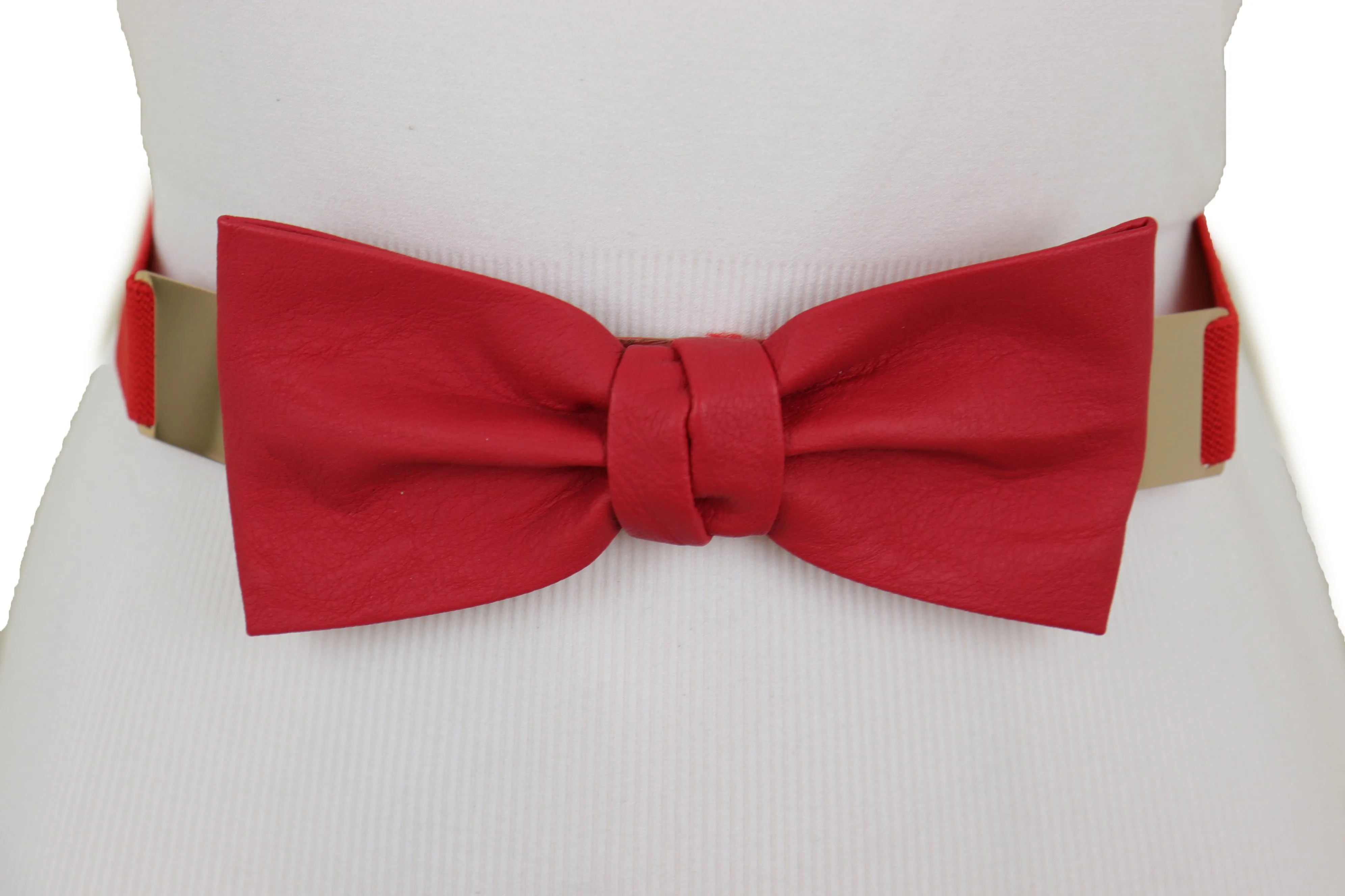 Fashion Belt Gold Plate Elastic Band Red Faux Leather Bow Tie Buckle S M L