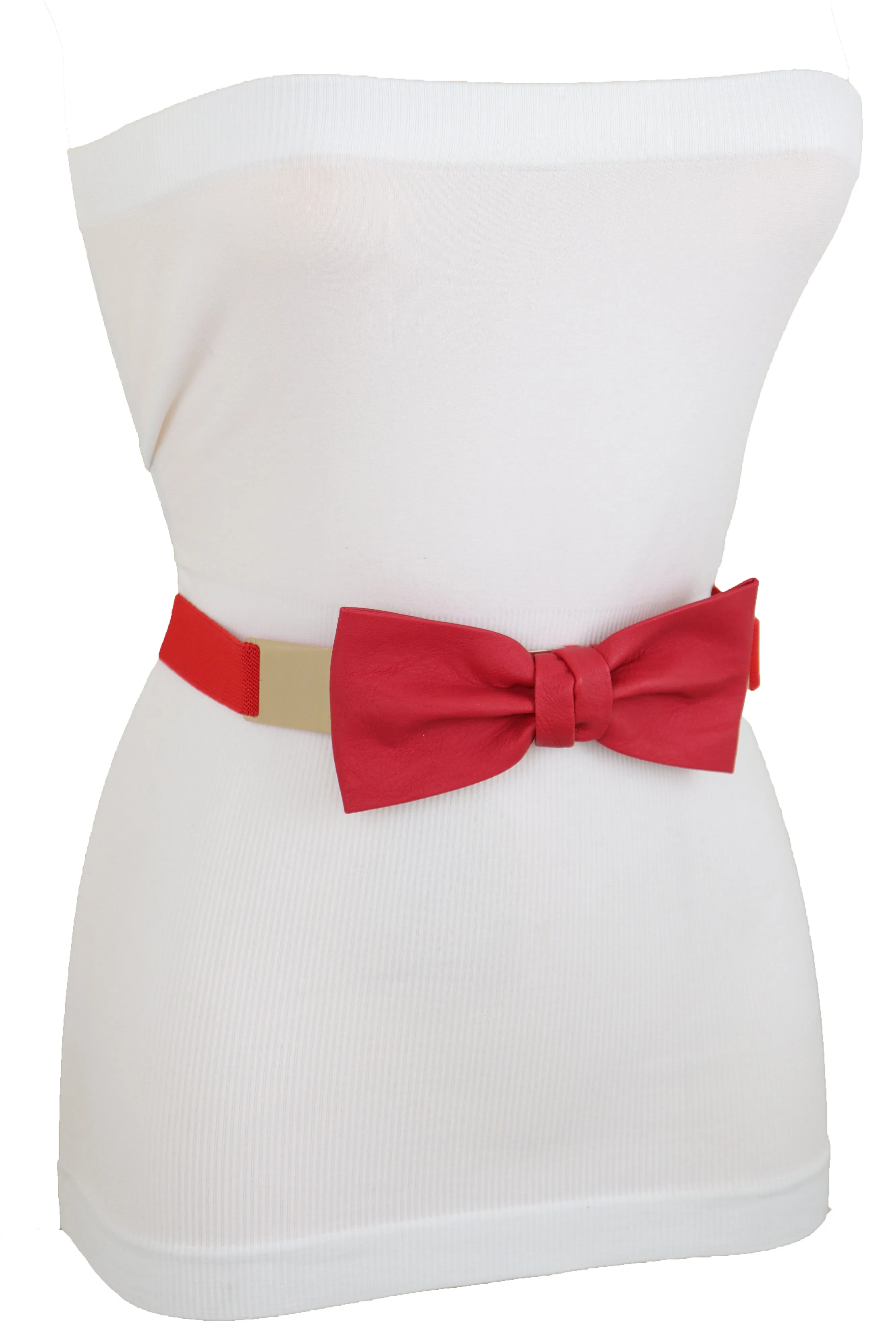 Fashion Belt Gold Plate Elastic Band Red Faux Leather Bow Tie Buckle S M L
