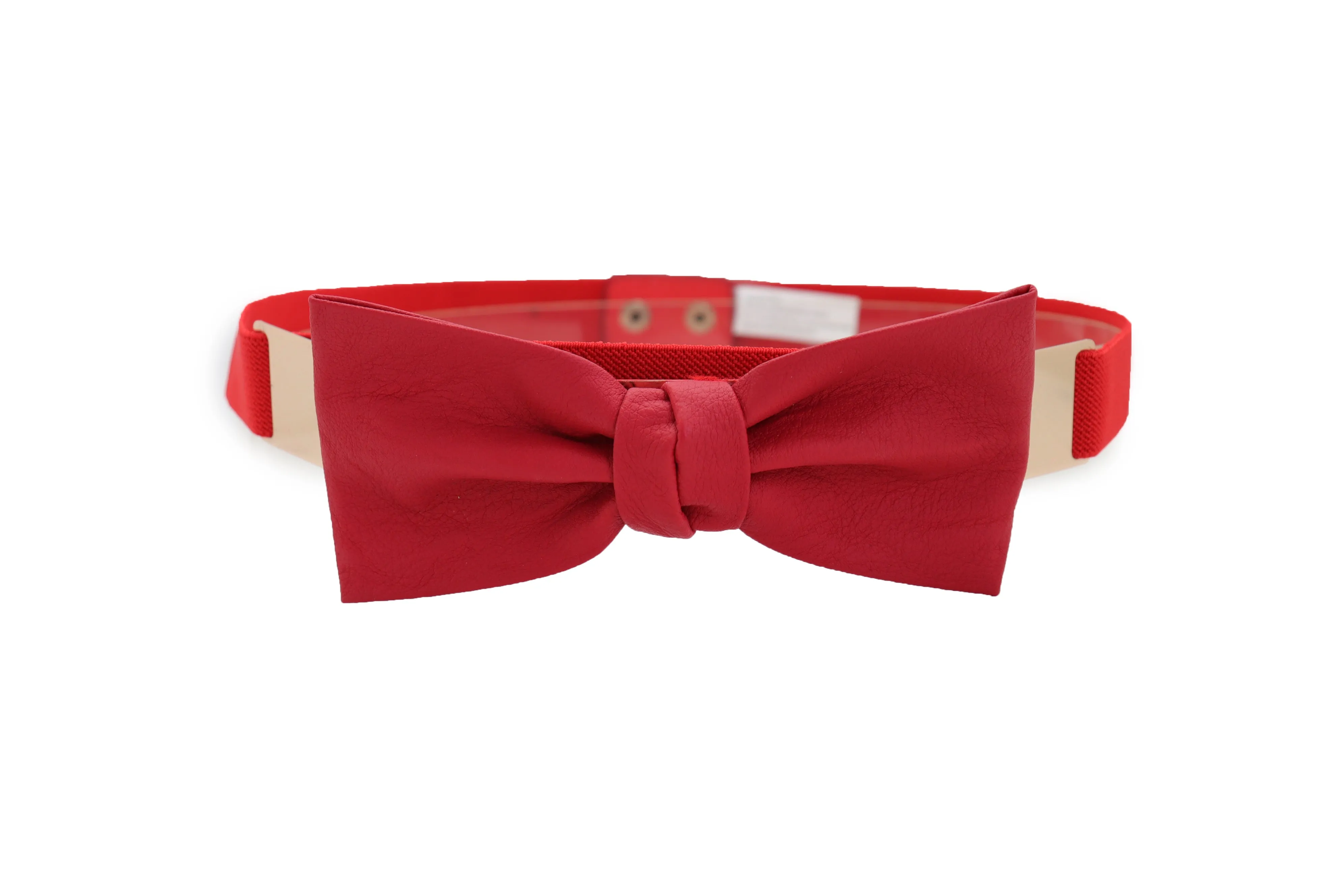 Fashion Belt Gold Plate Elastic Band Red Faux Leather Bow Tie Buckle S M L