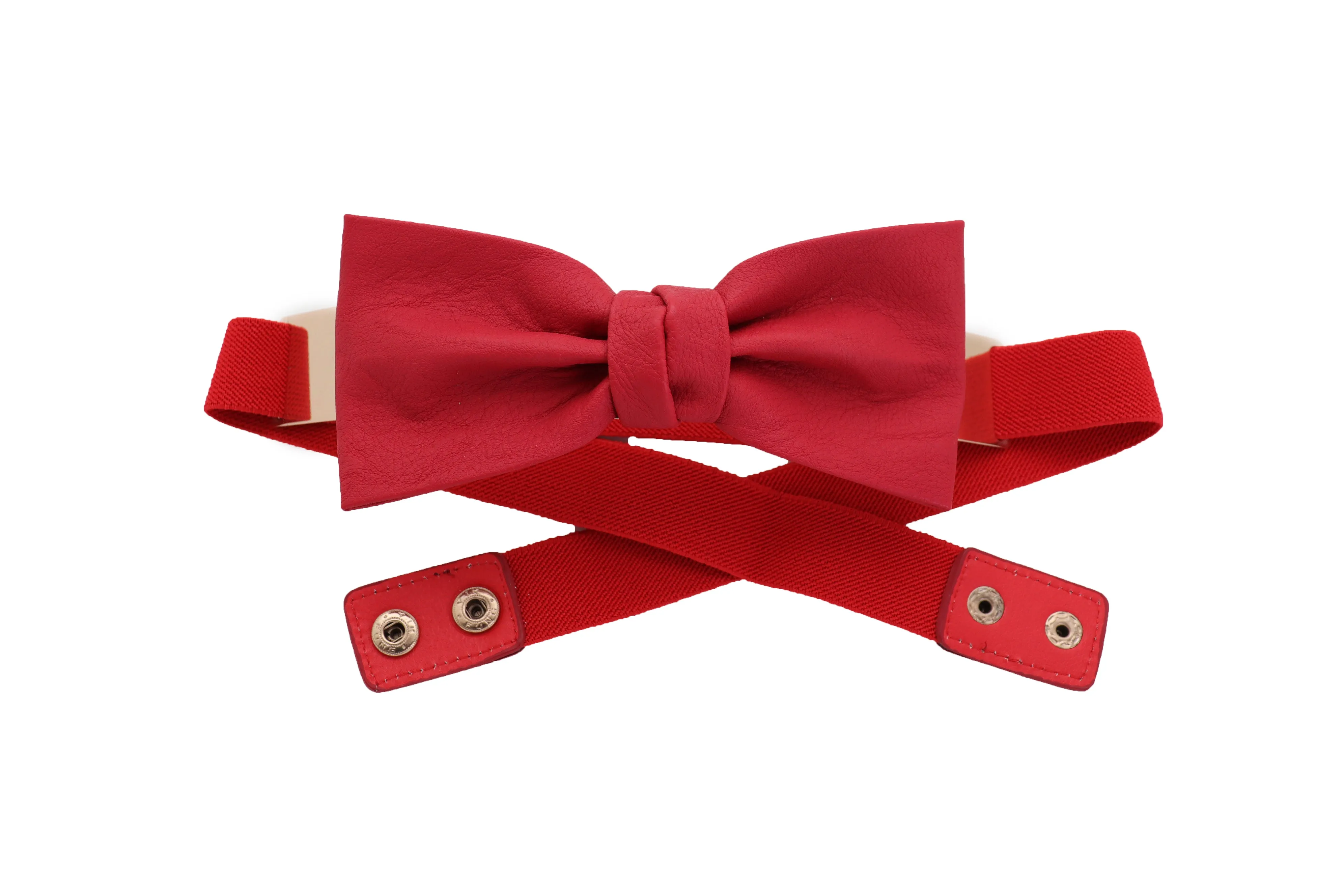 Fashion Belt Gold Plate Elastic Band Red Faux Leather Bow Tie Buckle S M L