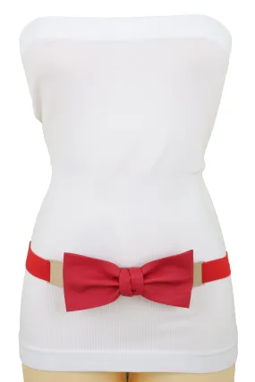 Fashion Belt Gold Plate Elastic Band Red Faux Leather Bow Tie Buckle S M L