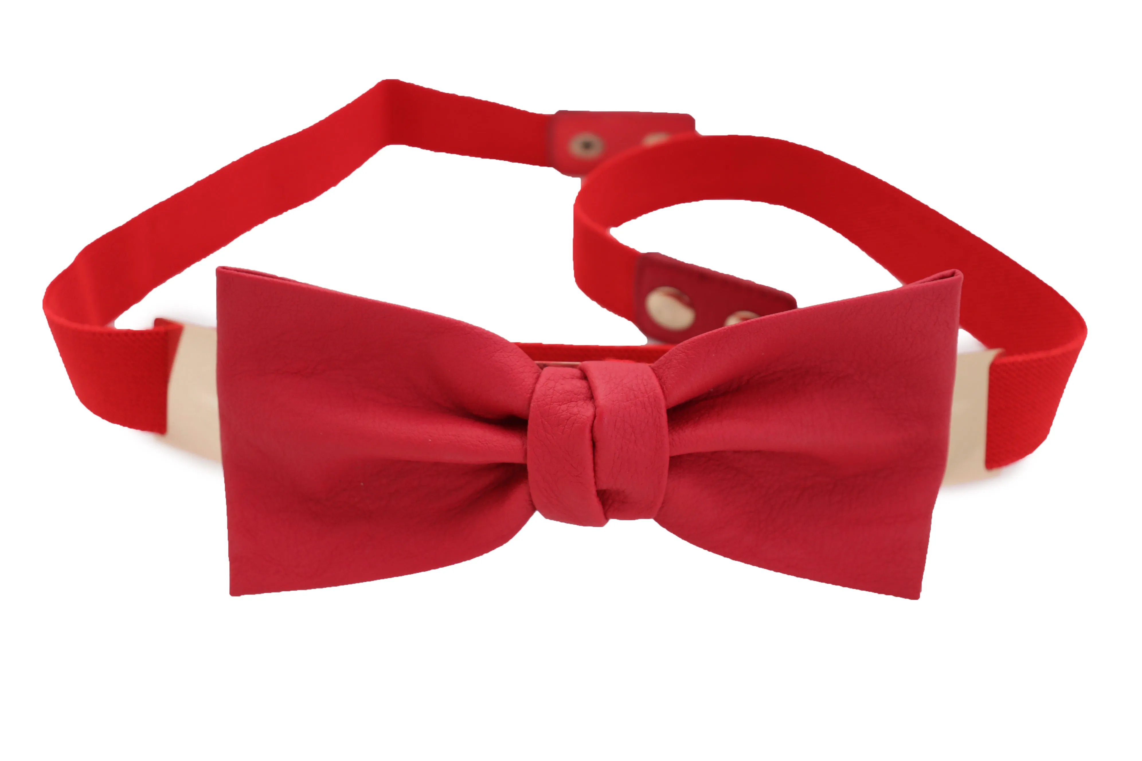 Fashion Belt Gold Plate Elastic Band Red Faux Leather Bow Tie Buckle S M L