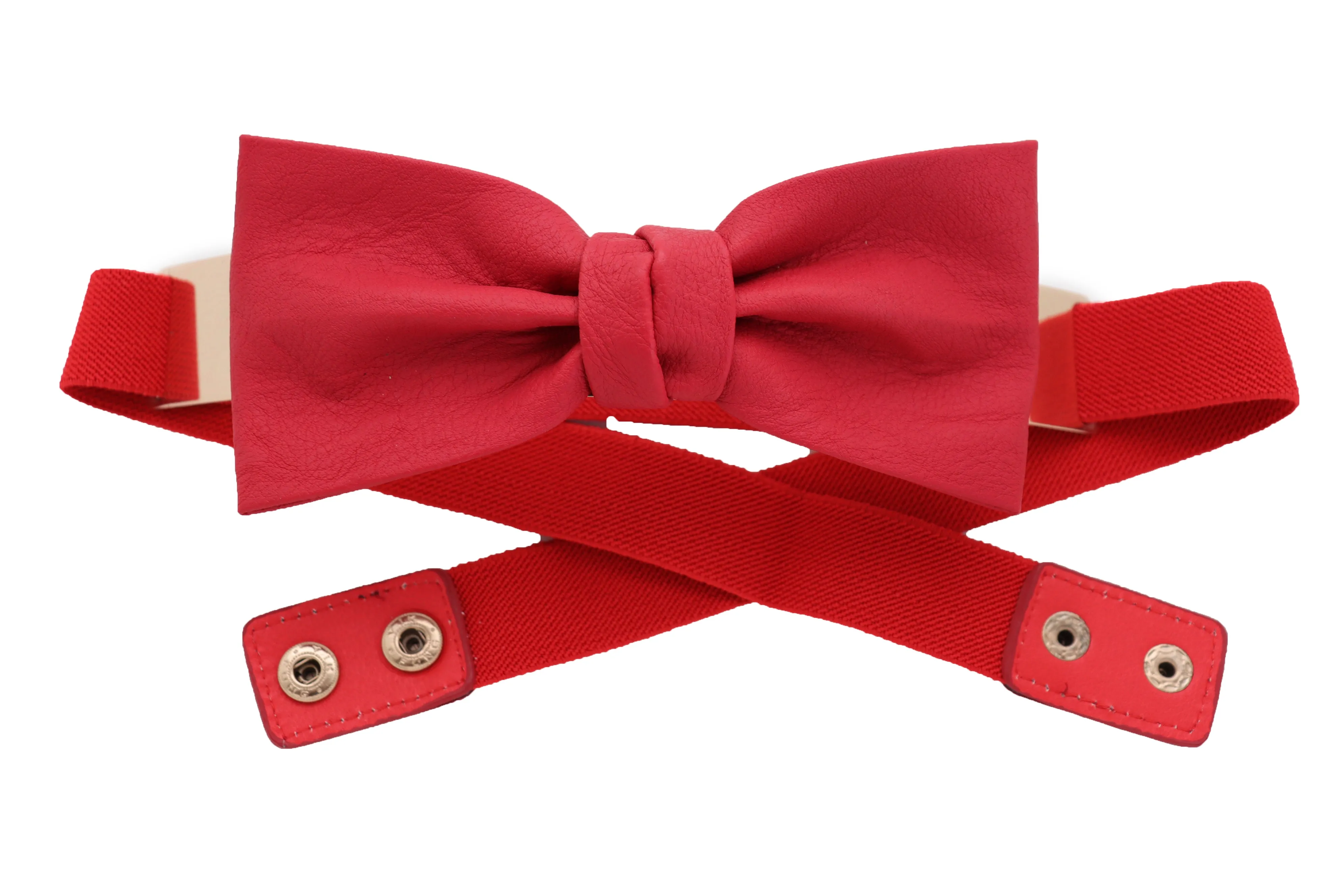 Fashion Belt Gold Plate Elastic Band Red Faux Leather Bow Tie Buckle S M L