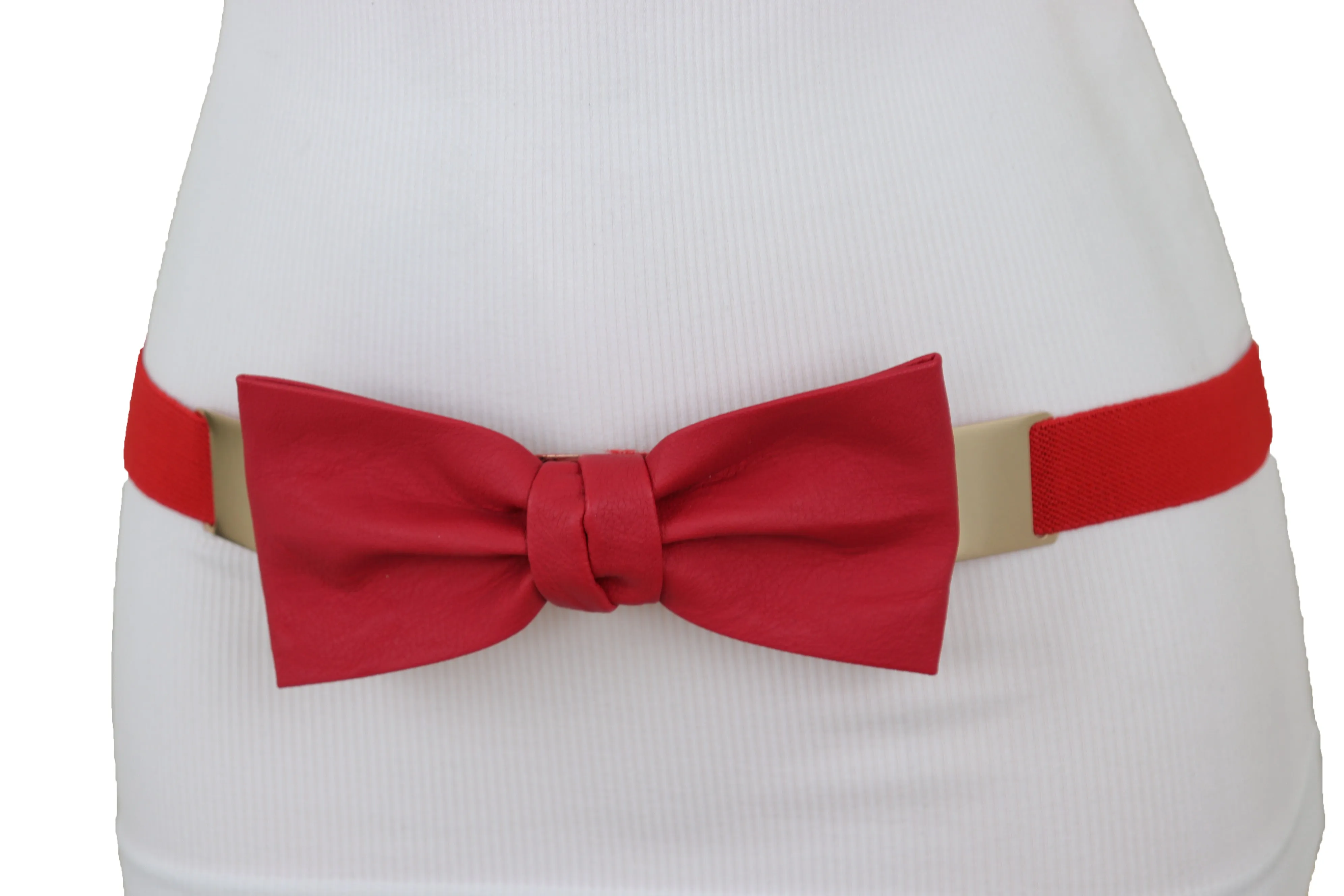 Fashion Belt Gold Plate Elastic Band Red Faux Leather Bow Tie Buckle S M L