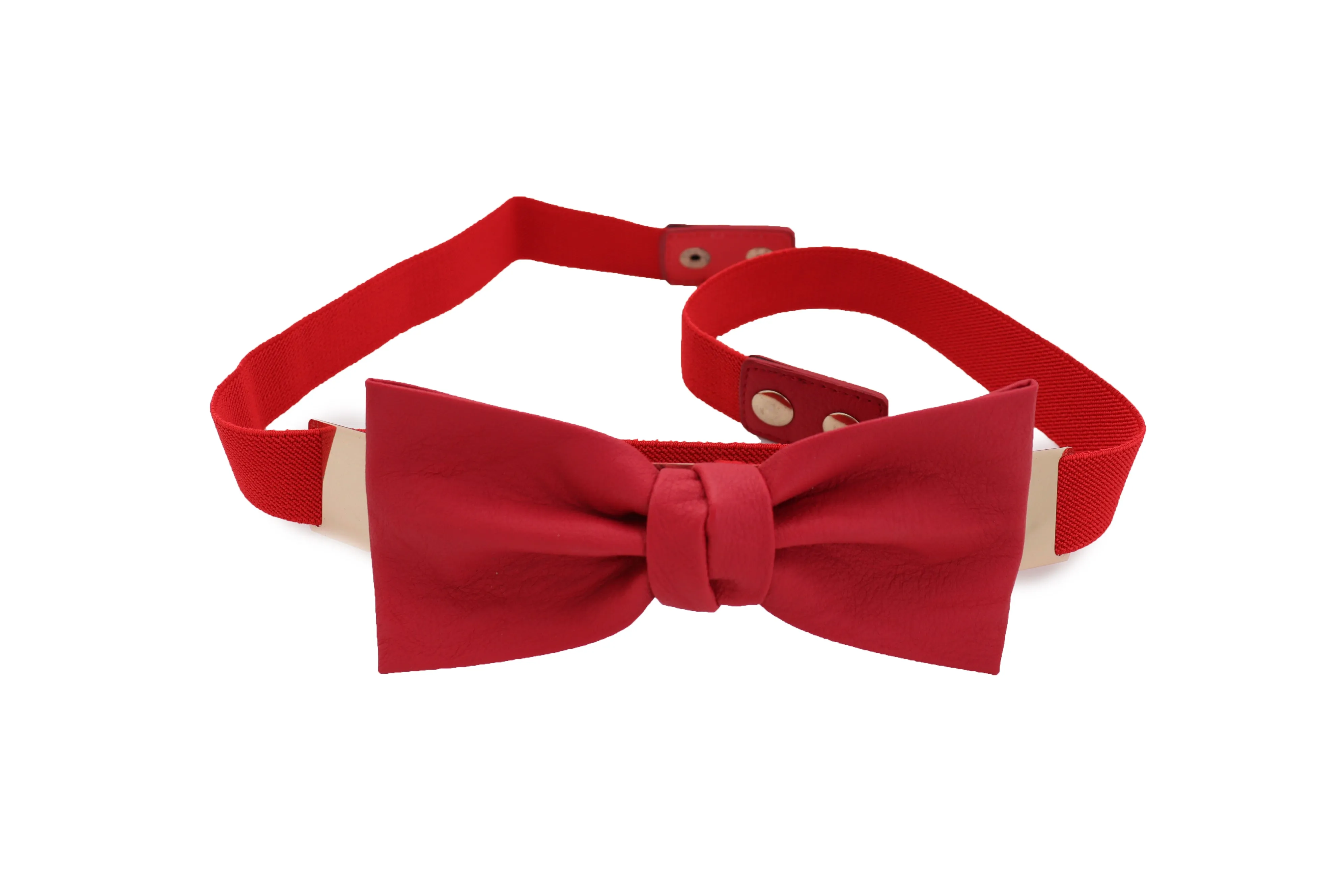 Fashion Belt Gold Plate Elastic Band Red Faux Leather Bow Tie Buckle S M L