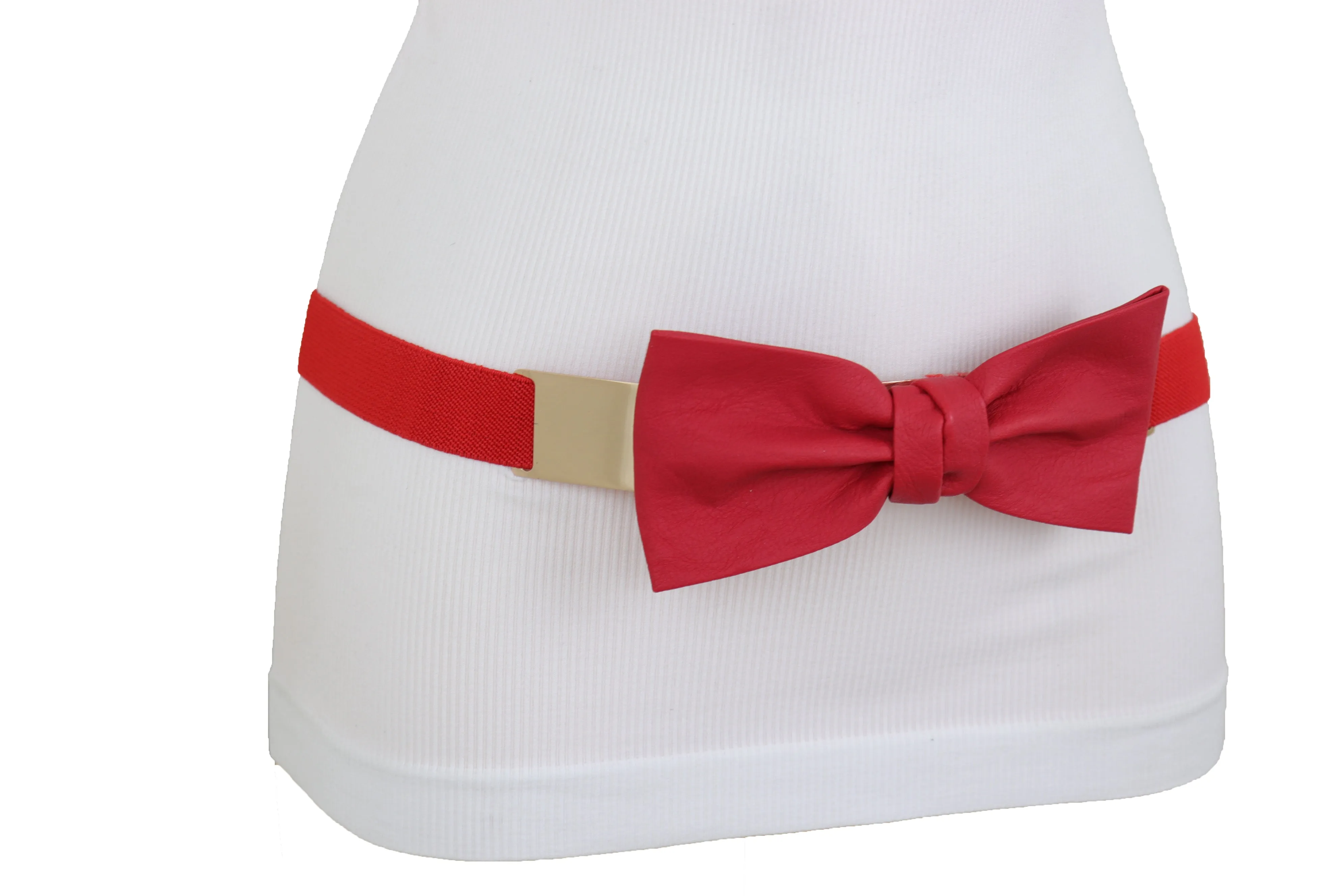 Fashion Belt Gold Plate Elastic Band Red Faux Leather Bow Tie Buckle S M L