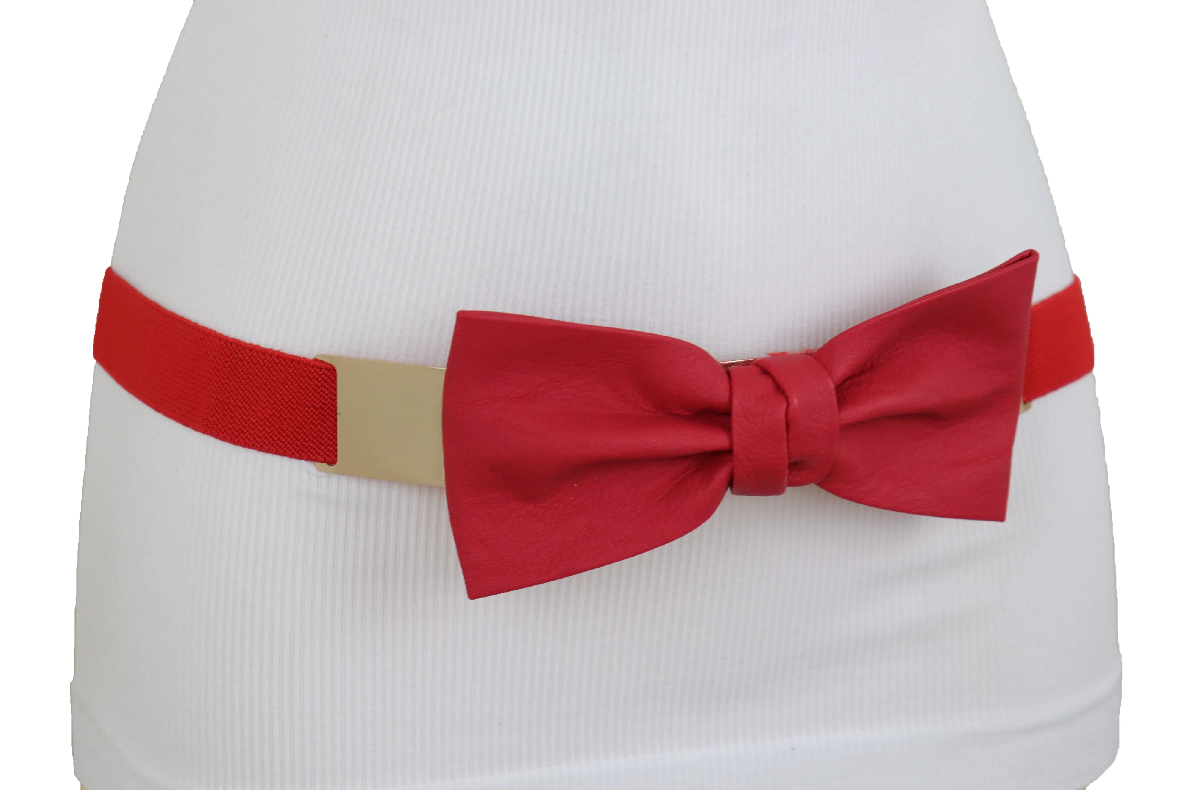 Fashion Belt Gold Plate Elastic Band Red Faux Leather Bow Tie Buckle S M L