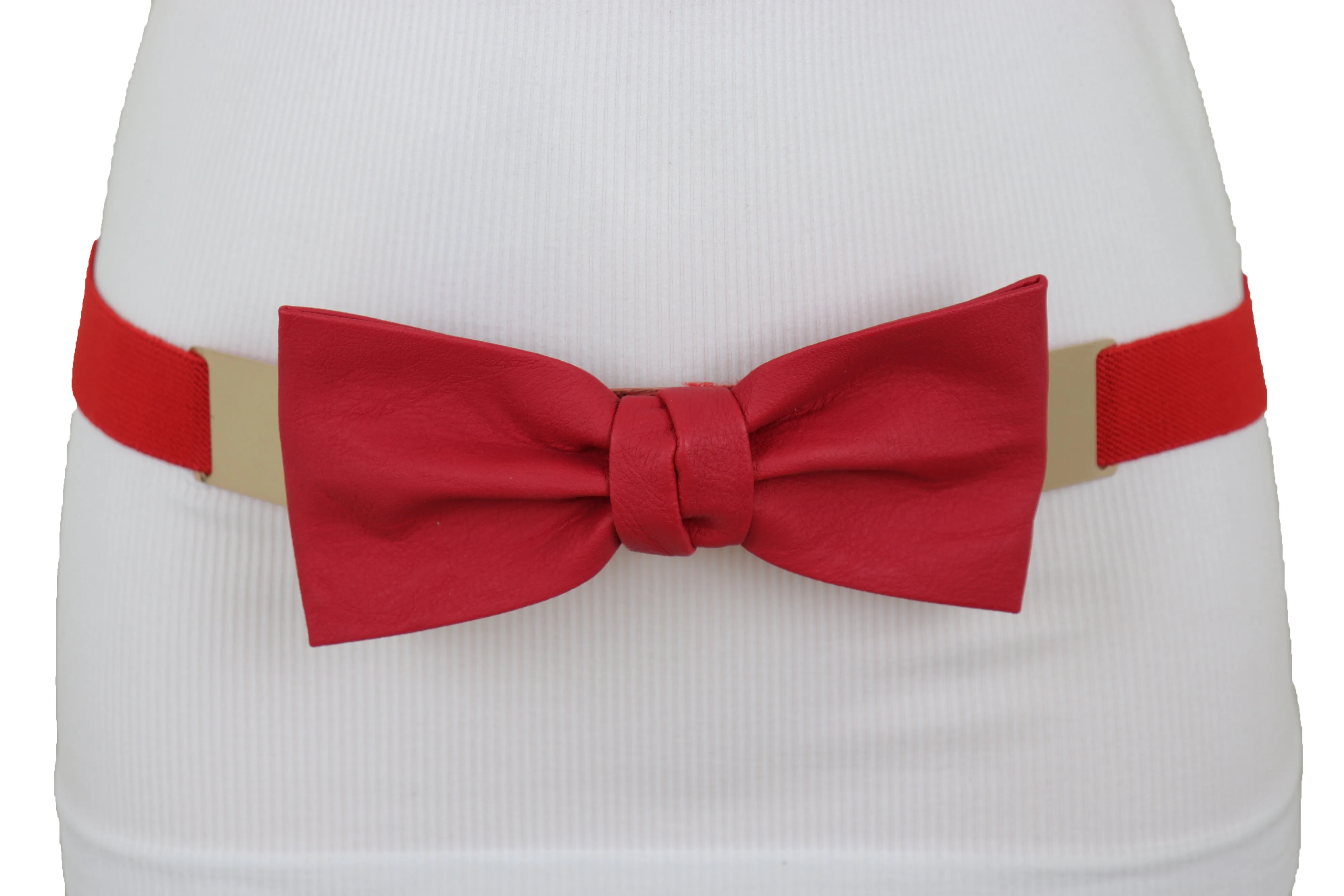 Fashion Belt Gold Plate Elastic Band Red Faux Leather Bow Tie Buckle S M L
