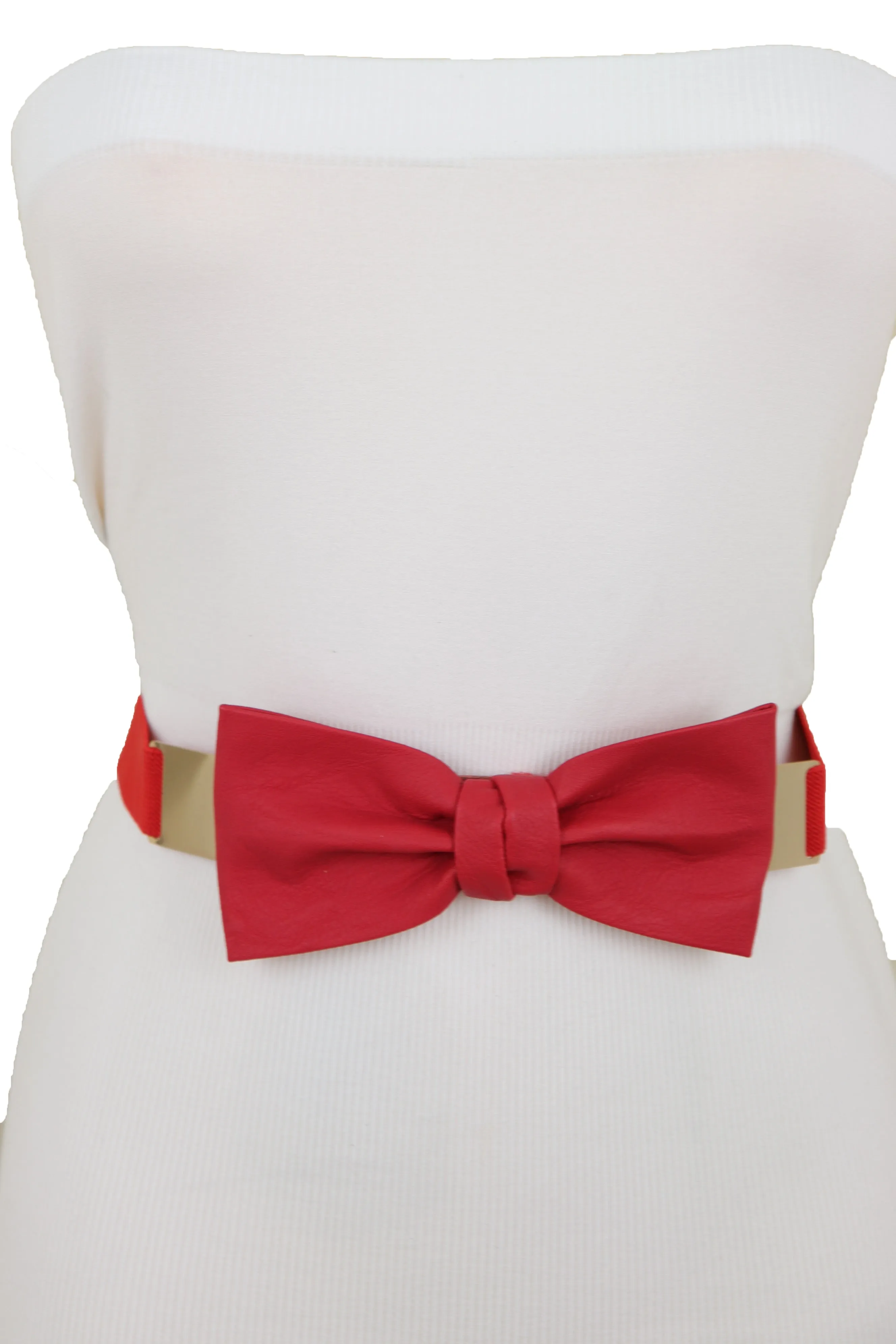 Fashion Belt Gold Plate Elastic Band Red Faux Leather Bow Tie Buckle S M L