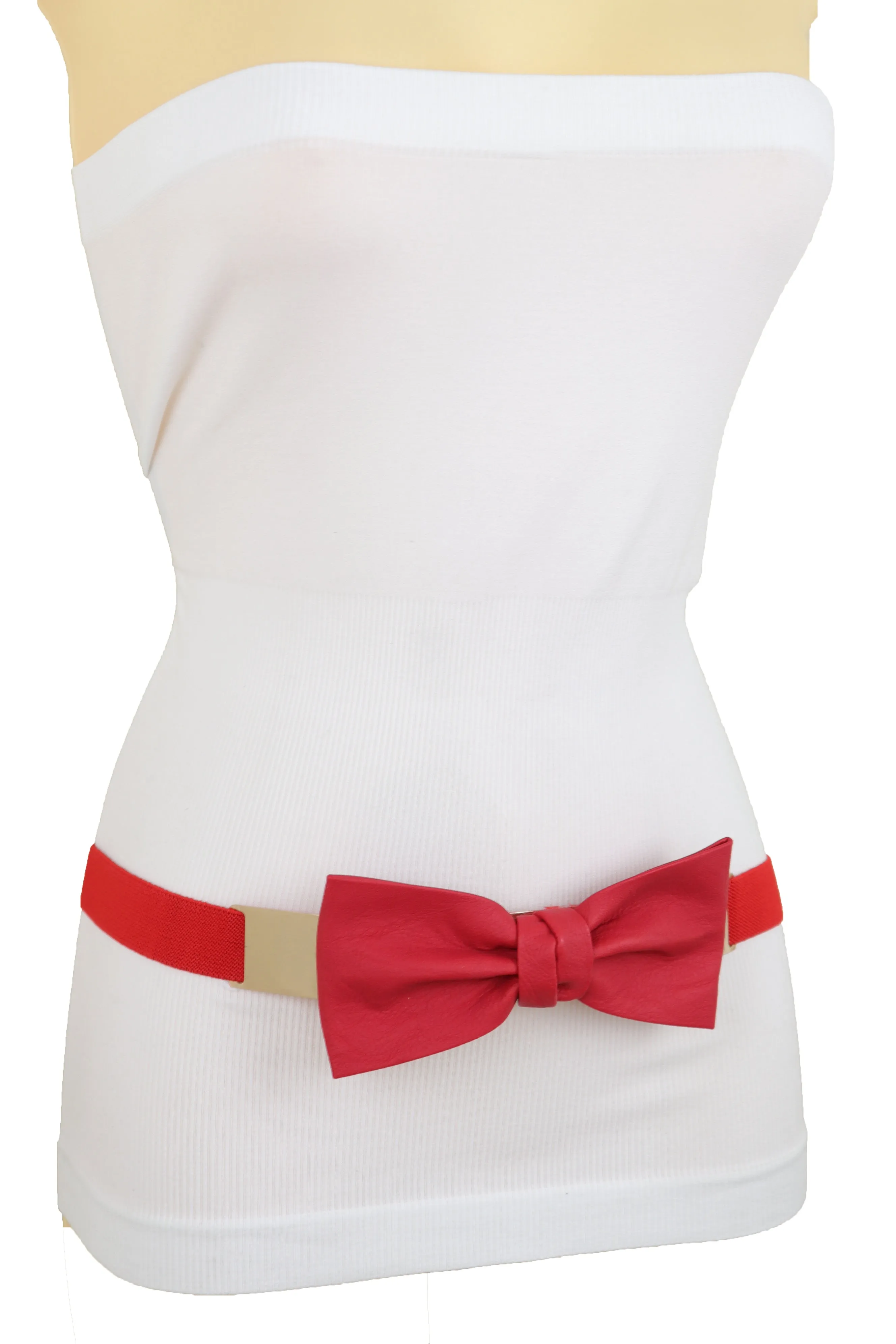 Fashion Belt Gold Plate Elastic Band Red Faux Leather Bow Tie Buckle S M L