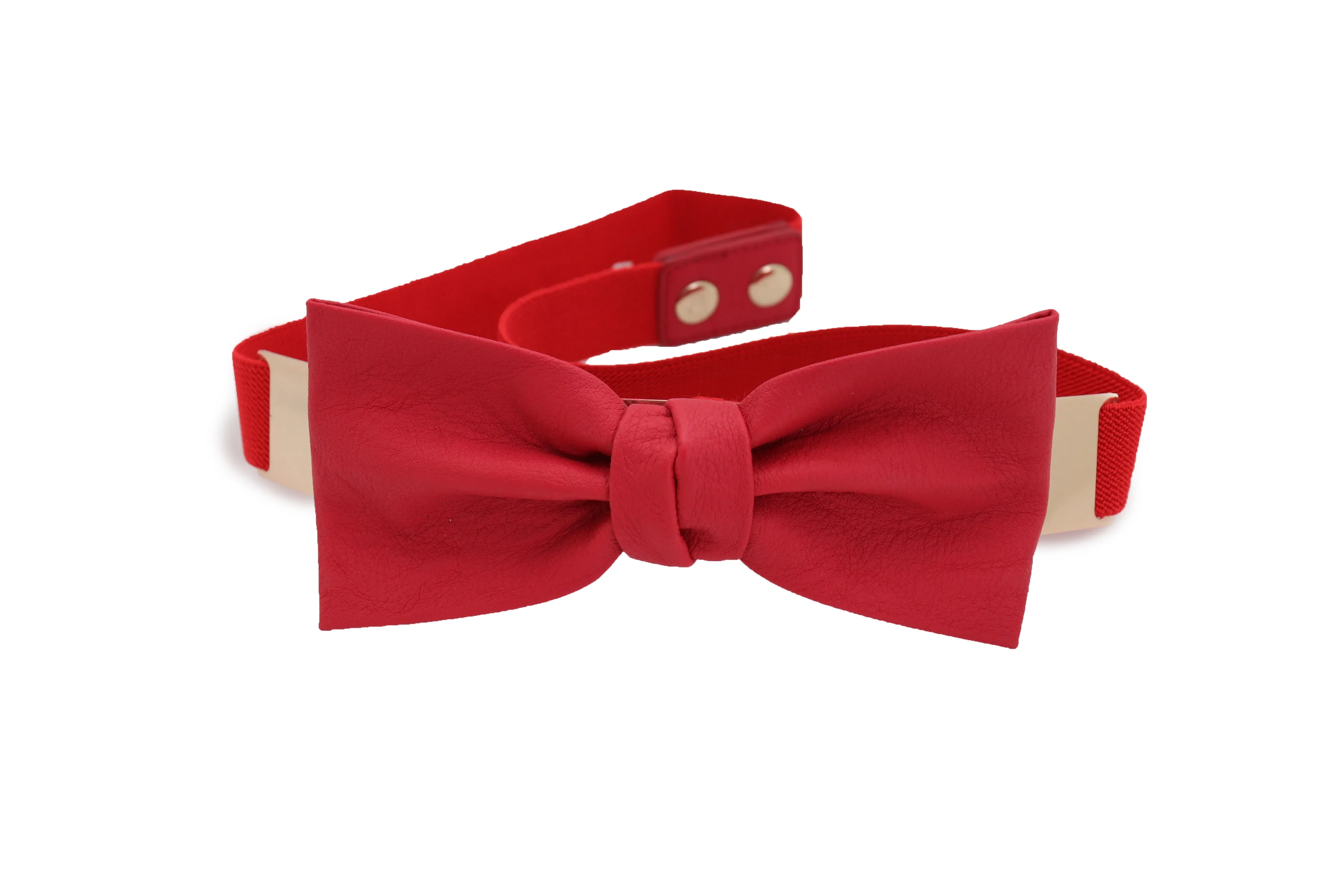 Fashion Belt Gold Plate Elastic Band Red Faux Leather Bow Tie Buckle S M L