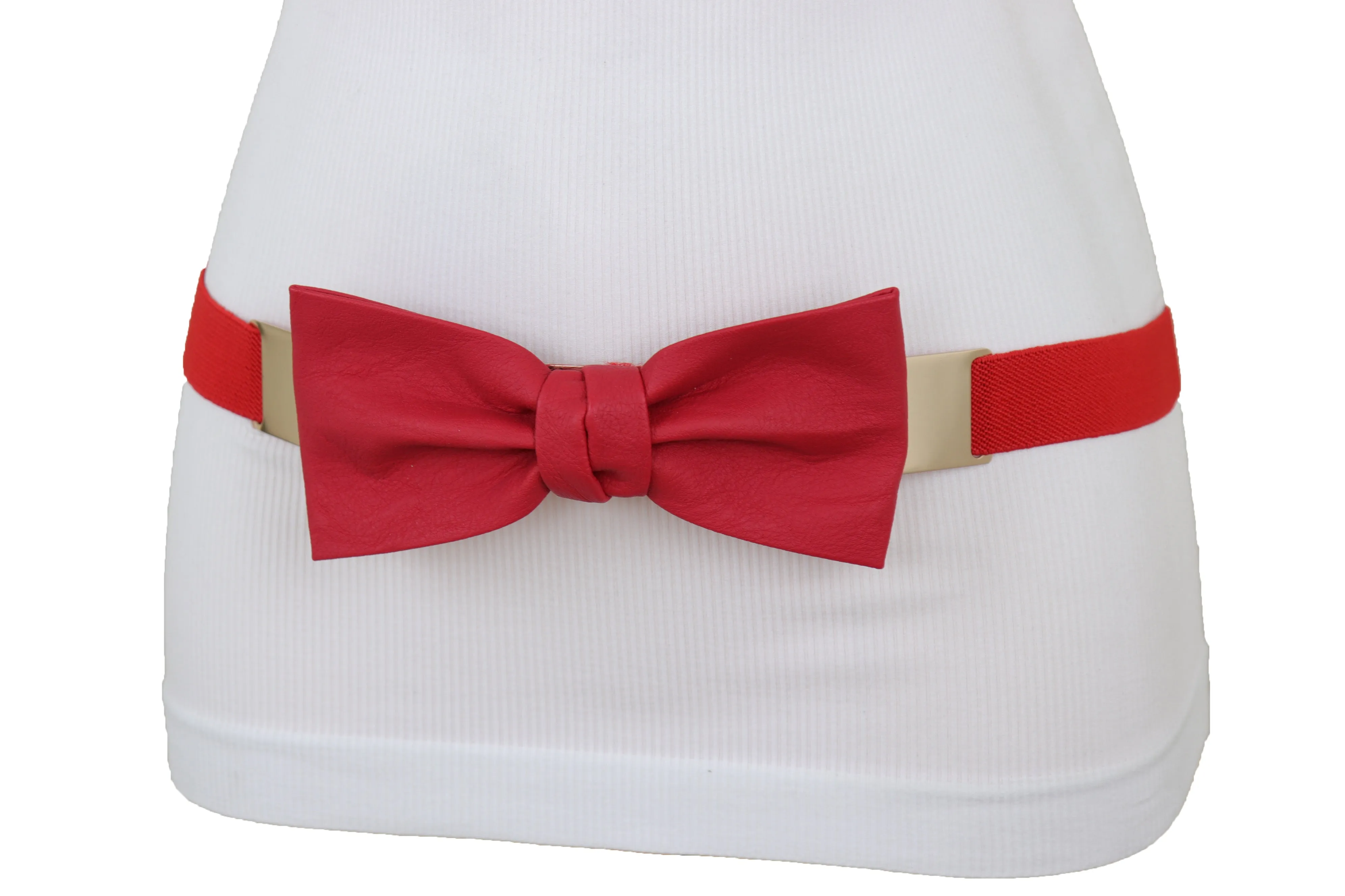 Fashion Belt Gold Plate Elastic Band Red Faux Leather Bow Tie Buckle S M L