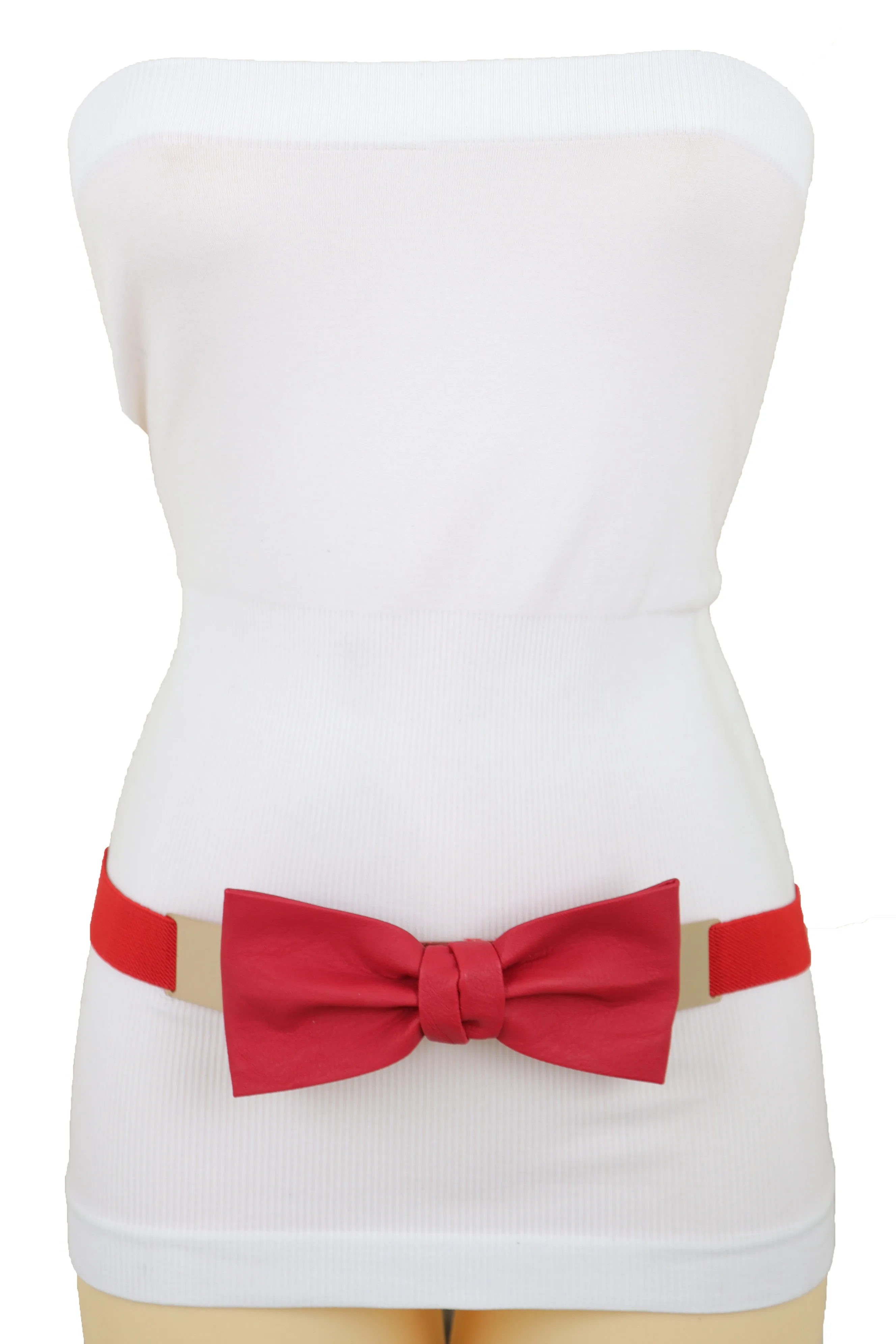 Fashion Belt Gold Plate Elastic Band Red Faux Leather Bow Tie Buckle S M L