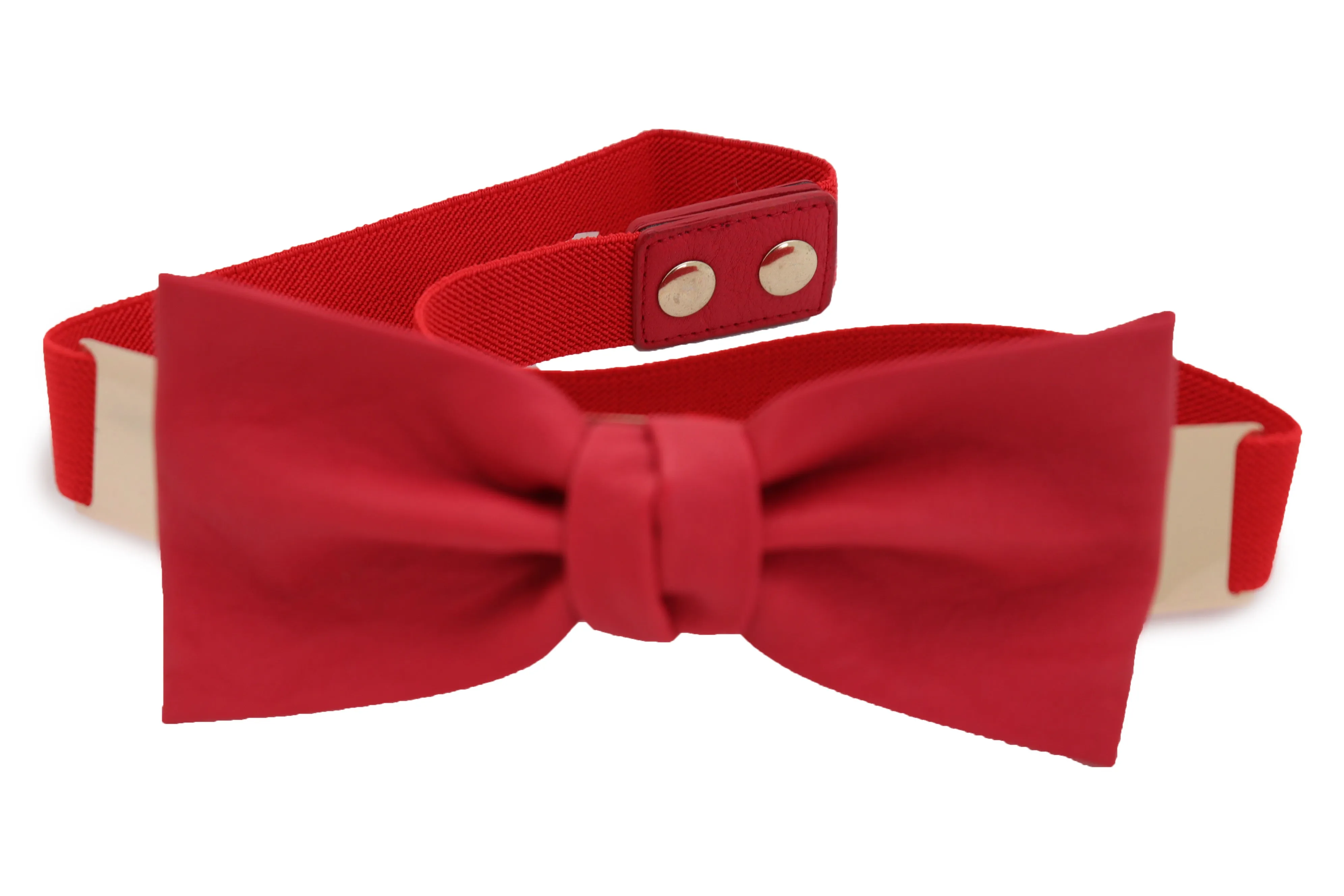Fashion Belt Gold Plate Elastic Band Red Faux Leather Bow Tie Buckle S M L
