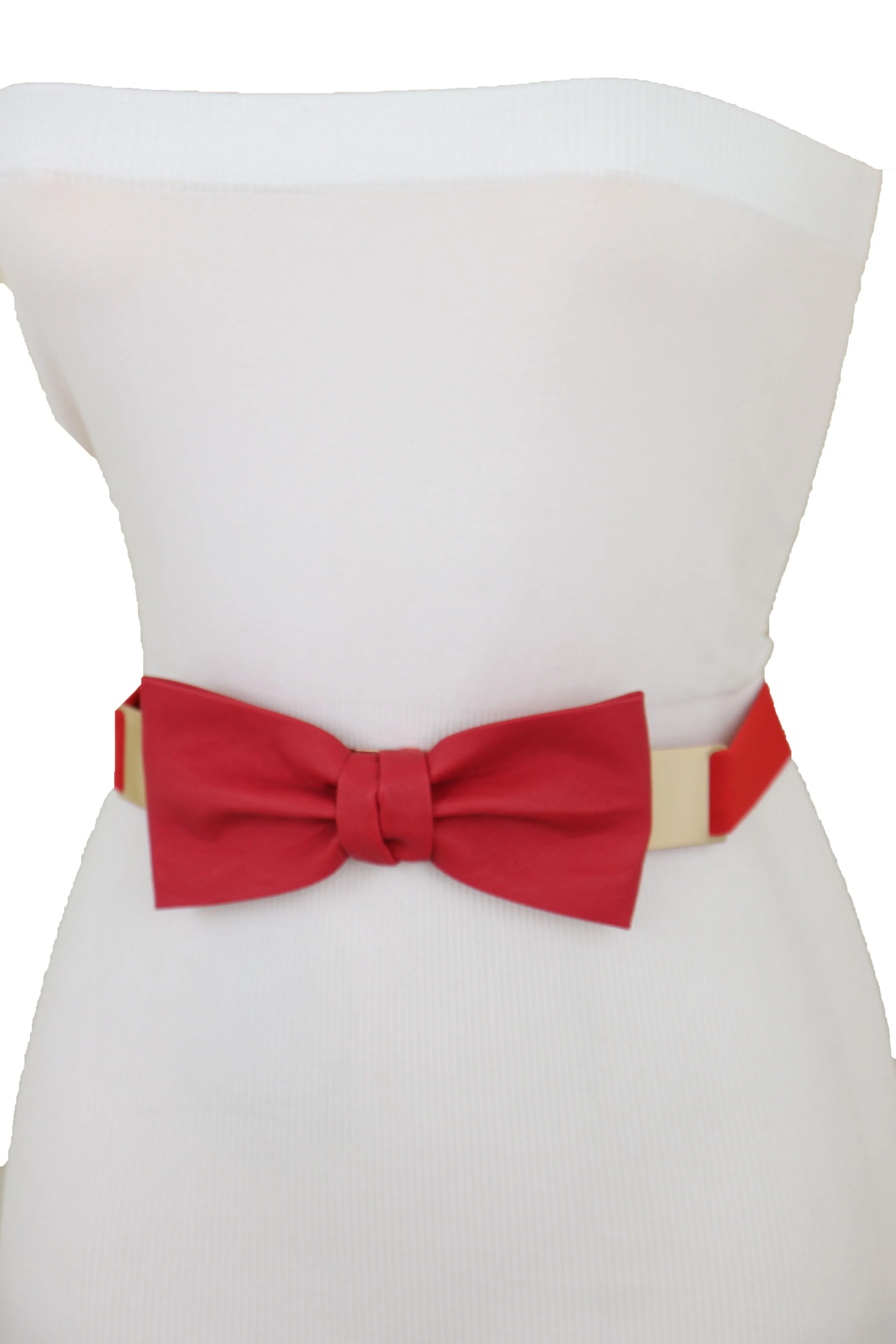 Fashion Belt Gold Plate Elastic Band Red Faux Leather Bow Tie Buckle S M L