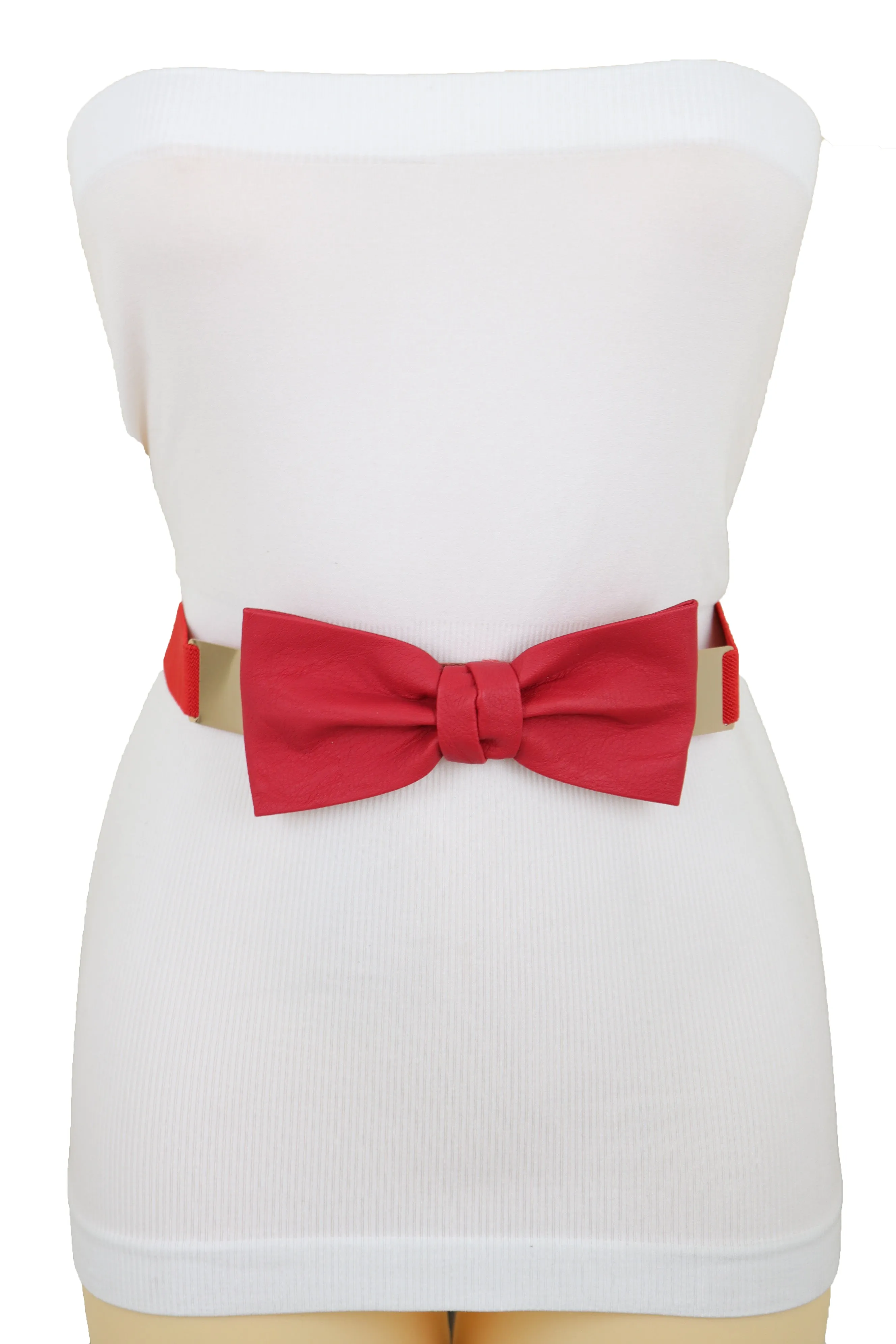 Fashion Belt Gold Plate Elastic Band Red Faux Leather Bow Tie Buckle S M L