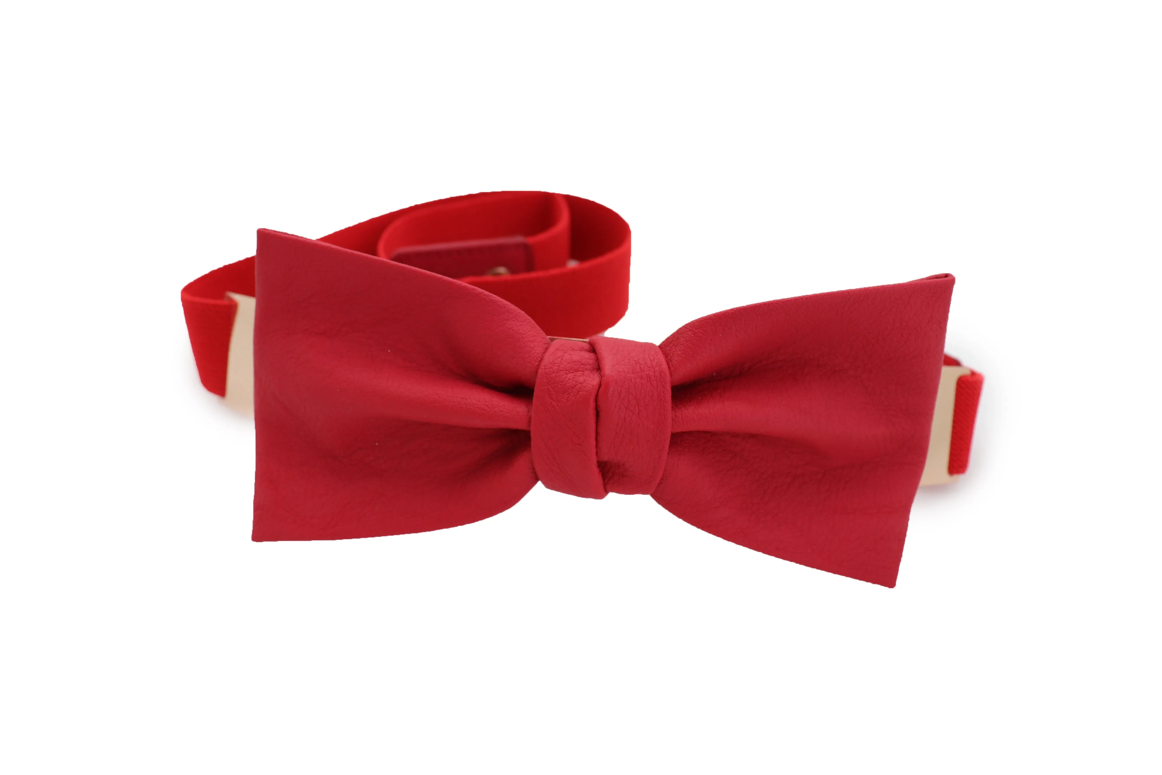 Fashion Belt Gold Plate Elastic Band Red Faux Leather Bow Tie Buckle S M L